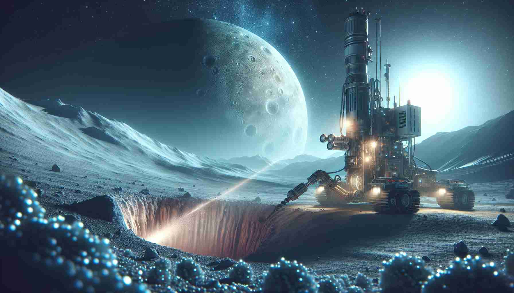 Generate a realistic high-definition image of a scene involving the exploration of the depths of icy moons in search of signs of life. The picture should depict a robotic machine that's rugged and fitted with advanced scientific instruments, drilling through the thick icy surface of a foreign moon. Surrounding the machine should be an icy landscape, stark and alien, lit by the faint glow of distant stars and a nearby planet. Little particles of ice and rock should be seen projecting from the drilling site, indicating the intensity of the operation.