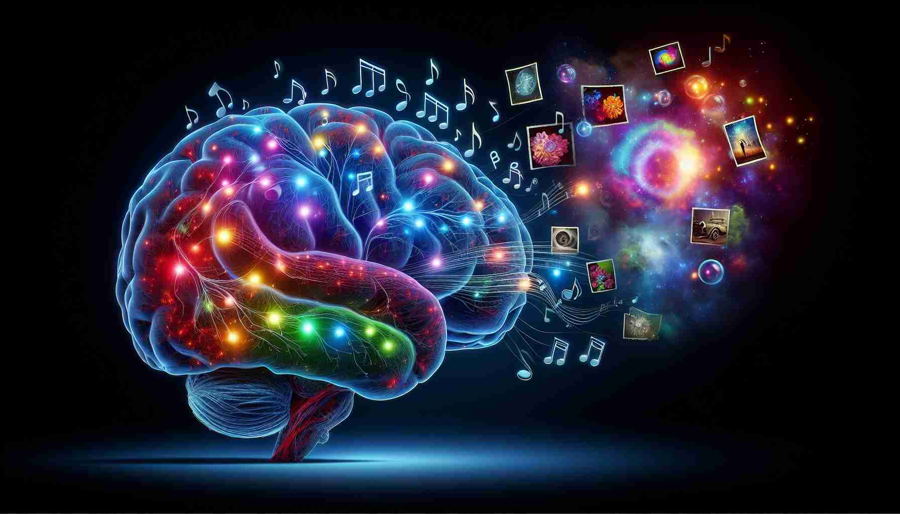 A high-definition, realistic image representing the fascinating connection between music and memory. Depict a human brain lit with vivid colors, symbolizing various neural pathways. On one side of the brain, show musical notes floating, indicating the music stimuli, while on the other side, show thought bubbles filled with snapshots of past moments, depicting memories. Create a visual metaphor to indicate the interplay between these two aspects of human cognition.