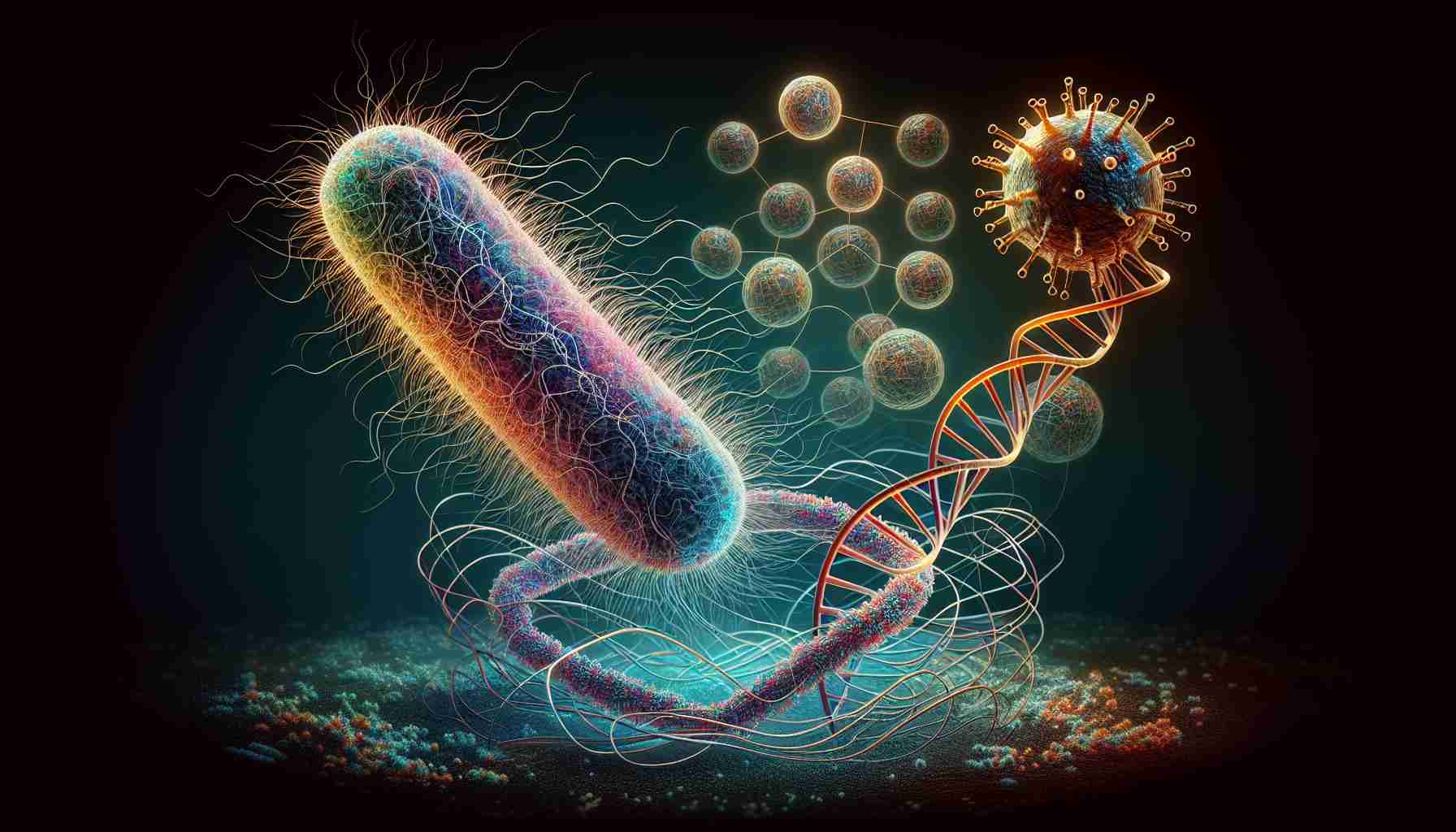 Visualize a high-definition, realistic image that represents the concept of genetic exchange between microbes and viruses. Show a close-up view of a single microbe in dazzling color, with distinctive structures like flagella and pili visible. Next to the microbe, depict a group of viruses, their iconic geometric shapes clear and precise. Show strands of genetic material, represented as twisted double helixes, moving between the microbe and the viruses, capturing the essence of genetic exchange.