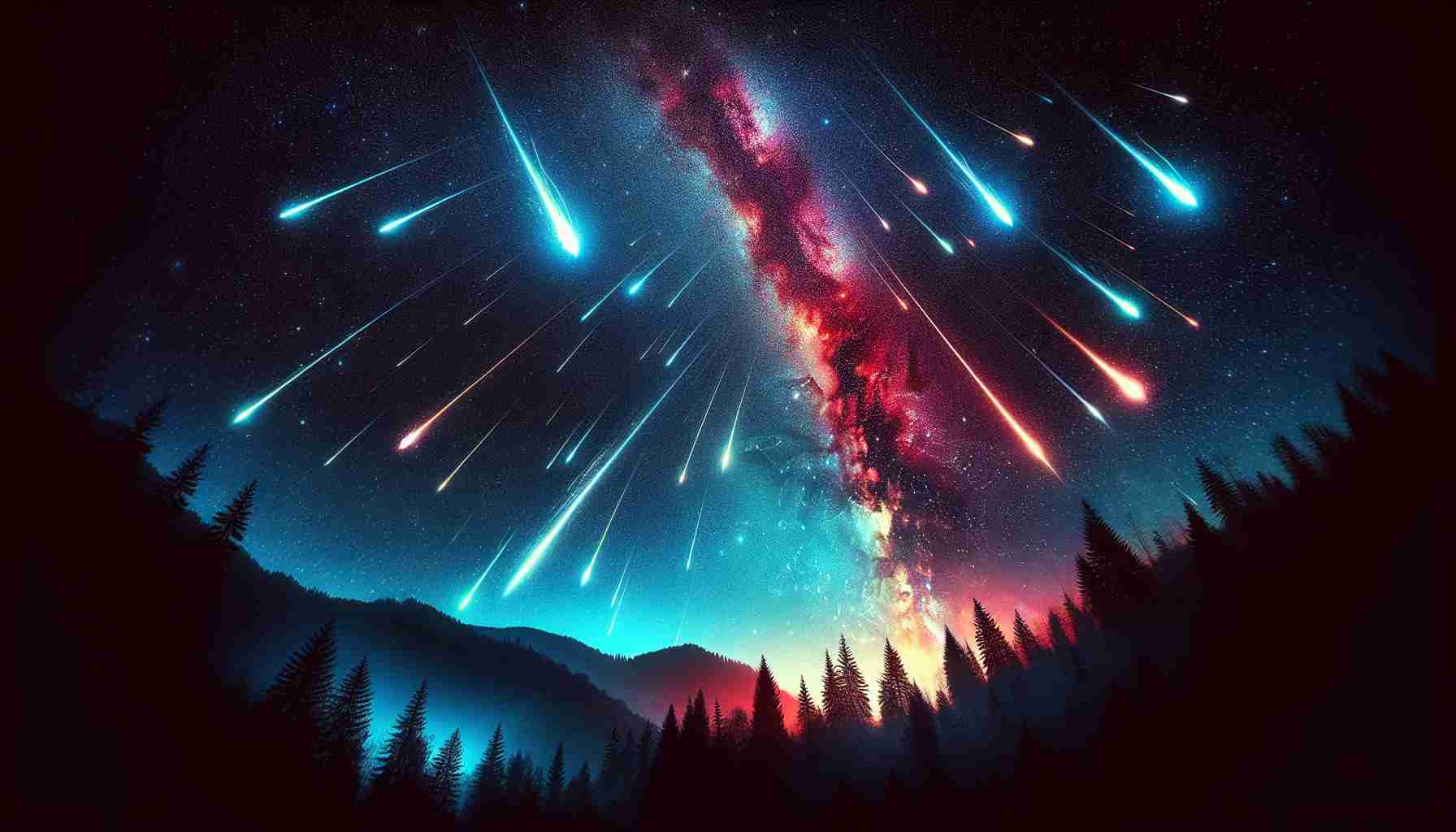 A vibrant, highly detailed image of a stunning meteor shower unfolding against the backdrop of the dark, star-studded night sky. The meteors appear as brilliant streaks of light, each one creating a mesmerizing spectacle as it blazes across the sky. To lend a sense of perspective, incorporate the silhouette of a forest or mountain range in the lower portion of the frame. The meteors illuminating the sky above, with radiant trails marking their transient path.