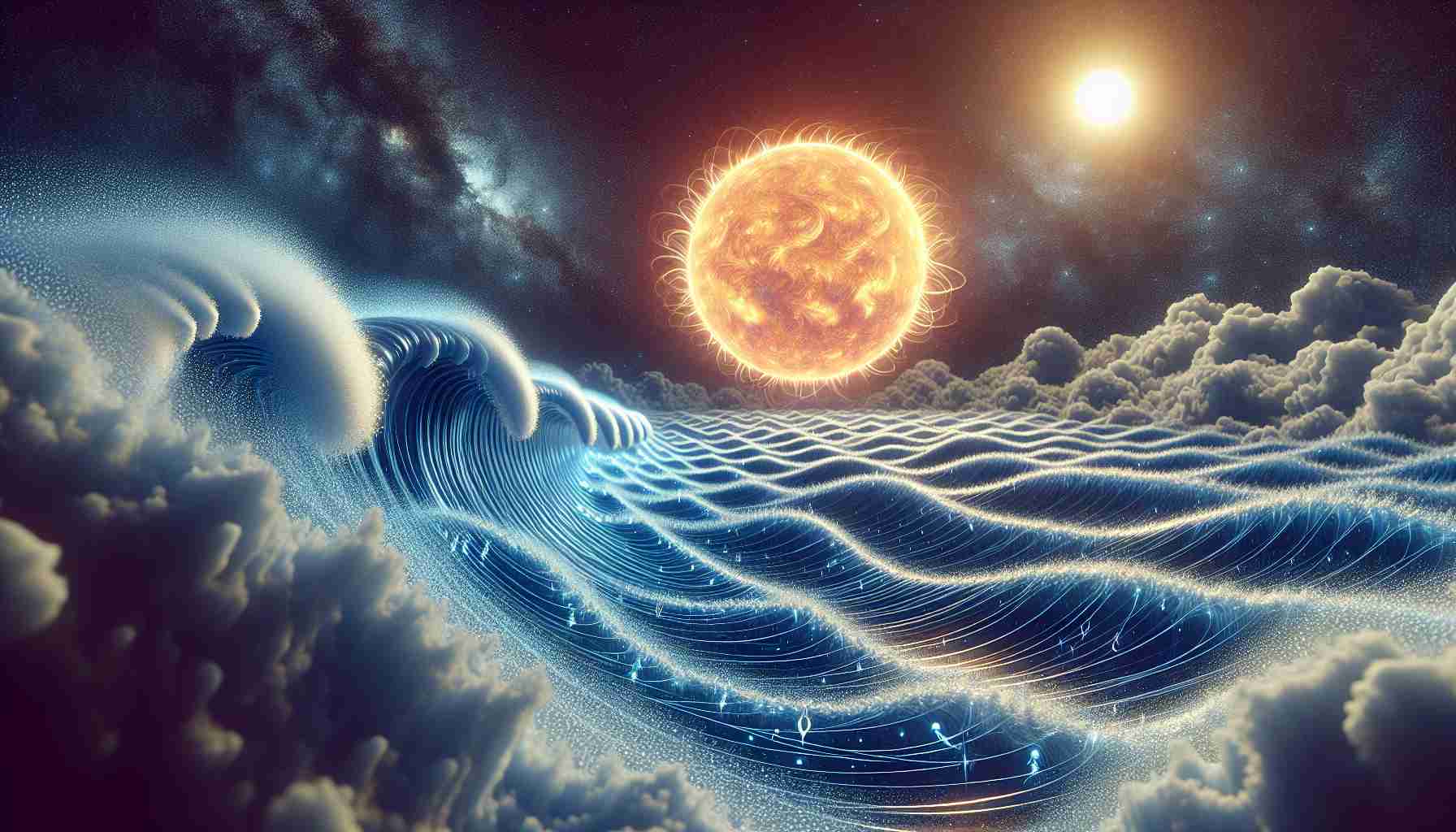 Generate a photorealistic high-definition image inspired by the scientific concept of solar surfers. This scene should depict Alfvén Waves, which are a type of magnetohydrodynamic wave in space, as they are visualized to propel the solar wind. Please demonstrate the waves originating from the sun and carrying the solar wind particles across the outer space.