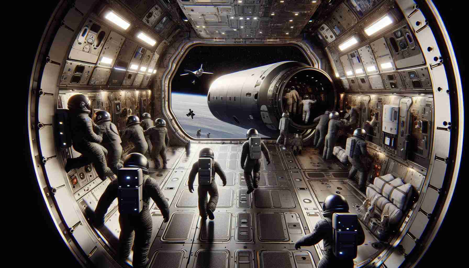 A photorealistic, high-definition image of Boeing's Starliner spacecraft. The scene unfolds mid-mission during a reshuffling of crew members. Astronauts, comprising of a balanced mix of genders and descents such as Middle-Eastern woman, Hispanic man, and South Asian woman, can be seen rearranging within the confines of the spacecraft. Moments later, it transitions into an uncrewed state as the last astronaut takes an exit. The space beyond is a vista of inky void dotted with distant stars, and the Starliner subtly reflects its surroundings on its sleek, metallic surface.