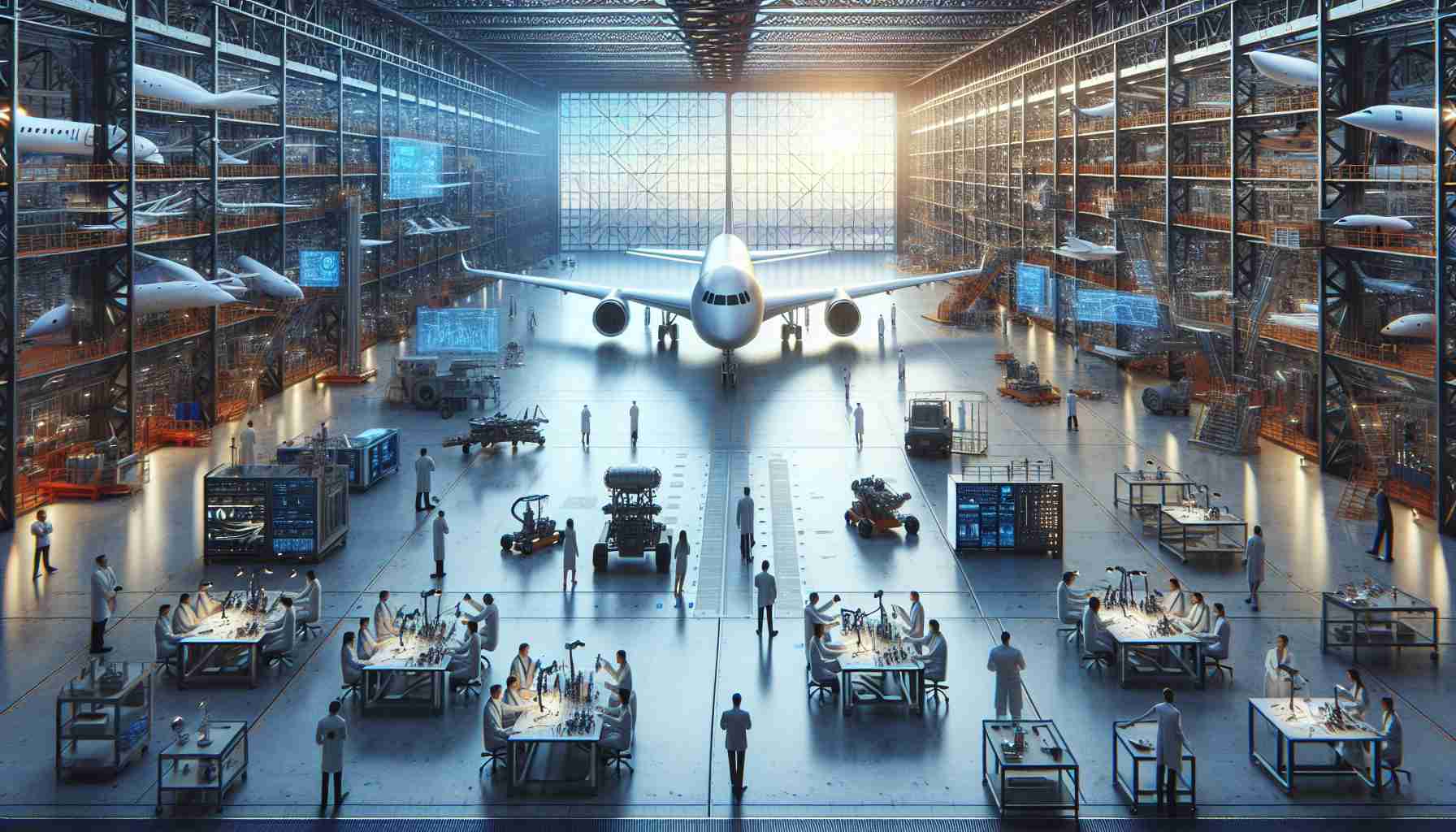 Generate a realistic, high-definition image depicting the future of an unnamed airplane manufacturer. The scene should portray a large-scale aircraft hangar with cutting-edge technology, prototypes of futuristic aircraft, and a variety of scientists and engineers of different genders and descents working on design and testing processes. Use the setting to illustrate a sense of uncertainty or balance, suggesting that the future of the aviation industry could go in any direction.