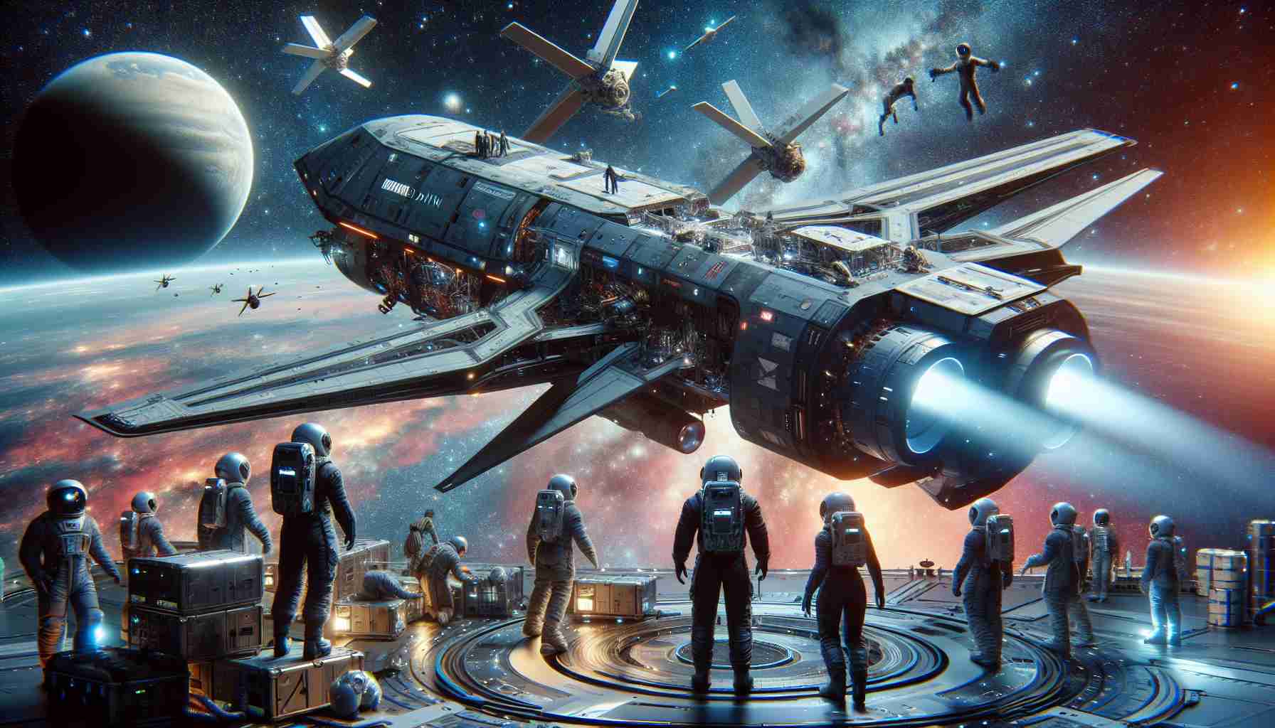 Generate a realistic, high-definition image of a space-themed setting, specifically featuring a spaceship similar to those used by modern space exploration companies. The spaceship is branded with the name 'Polaris Dawn'. Include a backdrop of outer space with various celestial bodies. Show that the spaceship is undergoing technical upgrades, indicated by robotic arms and personnel in space suits working on the vessel. Nearby, a couple of astronauts, a Hispanic woman and a Middle-Eastern man, are seen floating, implying a delayed spacewalk due to these upgrades.