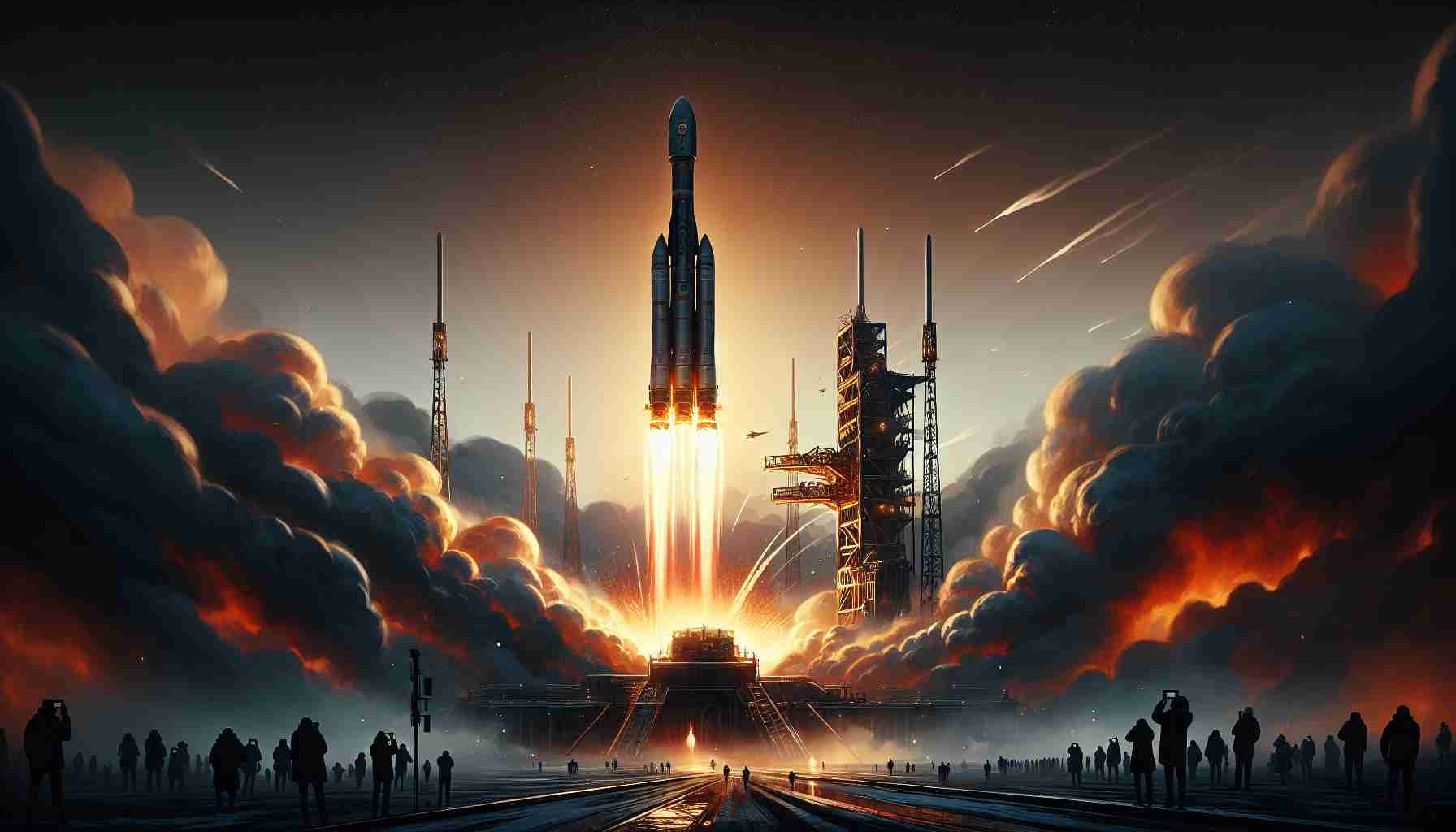 Dynamic portrayal of a historic launch signifying the commencement of new era in space exploration. The image features a sophisticated spacecraft lifting off from its launch pad, with fiery thrusters violently shattering the calm of the evening sky. Smoke billows from the launch pad, and spectators watch in awe from a safe distance, their silhouettes set against the fading twilight. Above, the endless expanse of space awaits, promising untold discovery and adventure to the brave pioneers of this new epoch.