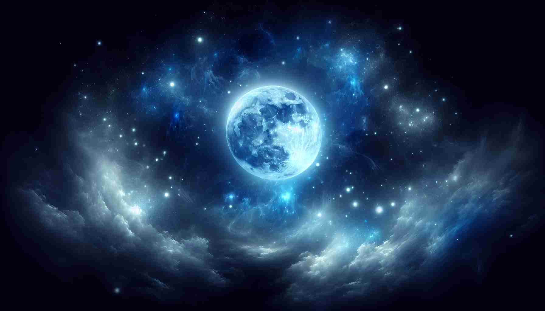 Generate a high-definition, realistic image capturing the enchanting sight of a 'Blue Moon'. This phenomenon should be showcased in a serene night sky, embedded among twinkling stars, reflecting cool, bluish hues, and radiating a magical glow. The aura should be mystic and calm, possibly with the portrayal of soft veils of cloud intermittently cloaking the moon's brilliance. The sublime beauty of the night and the blue moon should be the primary elements.