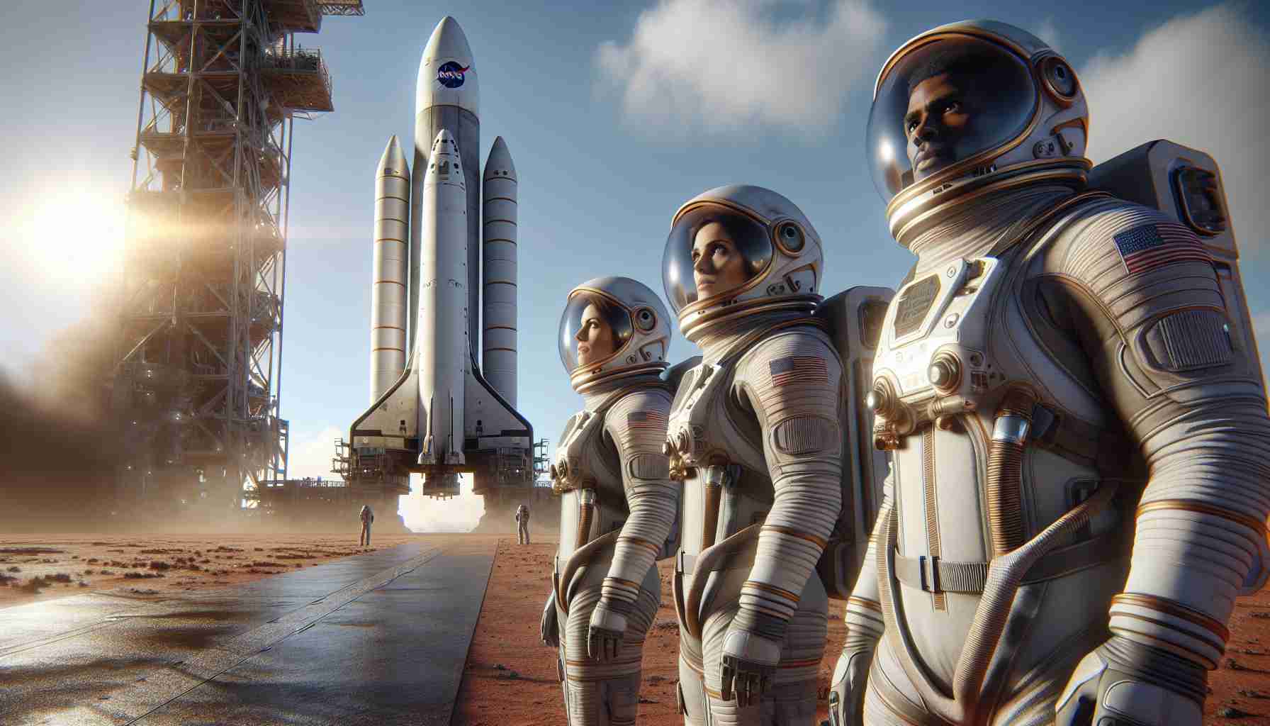 Realistic high-definition image of a Mars mission, depicting three astronauts, one being a female astronaut of Hispanic descent, the second astronaut being a Caucasian male, and the third being a Black male, all in NASA spacesuits, embarking on their extraterrestrial journey. This scene takes place at the launch pad where the Mars-bound spaceship stands poised for the voyage. The backdrop is a clear blue sky with the Sun peering from one side casting long shadows. The astronauts look upwards, full of determination and courage.