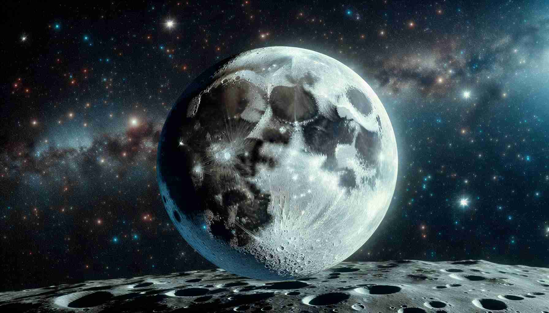 High definition realistic imagery showing a delightfully vivid lunar scene. The moon is full and prominently illuminated against the backdrop of a starry night sky. The detailed surface craters create a stunning view, the shadows outlining these structures bringing a sense of depth. The contrast between the radiant lunar surface and the endless dark canvas of space is intensified, bringing an awe-inspiring spectacle of cosmic beauty.