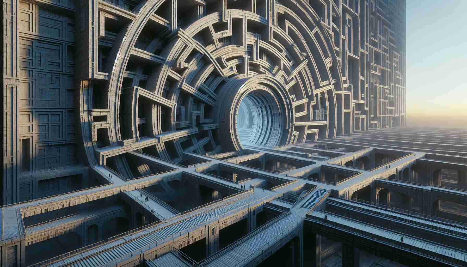 Generate a high-definition, realistic image of a scene depicting the 'Tunnel Dilemma'. This consists of a complex architectural tunnel system with multiple entrances and exits, intricate paths, split decisions, and potential dead ends. The picture should encapsulate the aura of uncertainty and anticipation associated with navigating through a labyrinthine structure. The time is dusk, creating an ambience of shadows and fading light.