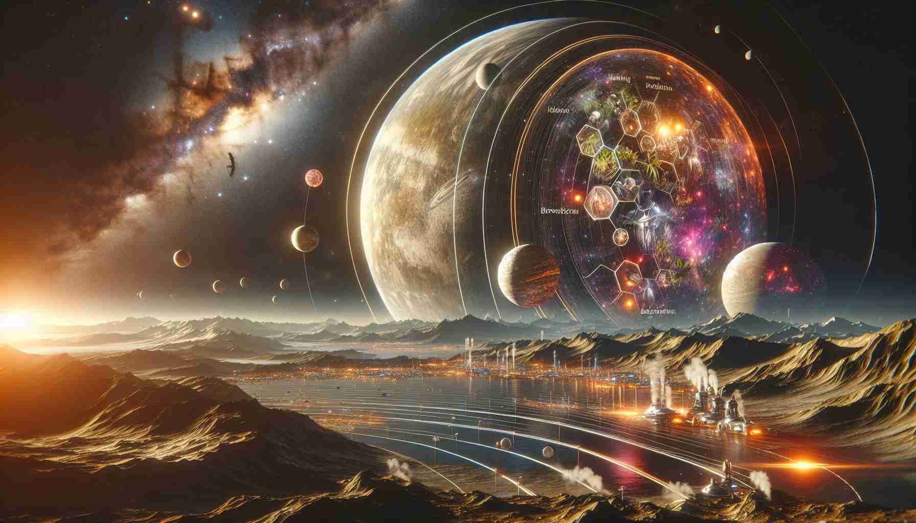 A high-definition, realistic depiction of how humanity may evolve and adapt in the changing dynamics of the cosmos. Capture a vision of distant future where humans thrive amidst advanced technology, biomodifications adapting to harsh conditions of space travel, residing, and even flourishing on planets, moons or space stations inside or outside our solar system. Include indistinct celestial bodies, the twinkling stars, the vivid hues of distant galaxies, and less familiar planetary landscapes, with a focus on how mankind has melded with this new environment.