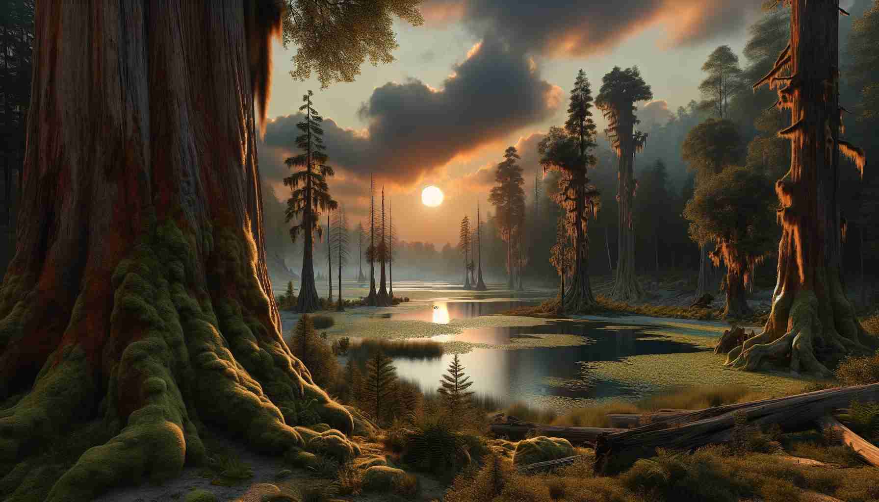 Realistic high definition image of a serene landscape at dusk, featuring a crystal-clear lake surrounded by dense forest. In the foreground, there are ancient trees with moss-covered trunks and in the background, the sun is setting casting an orange hue across the cloudy sky.