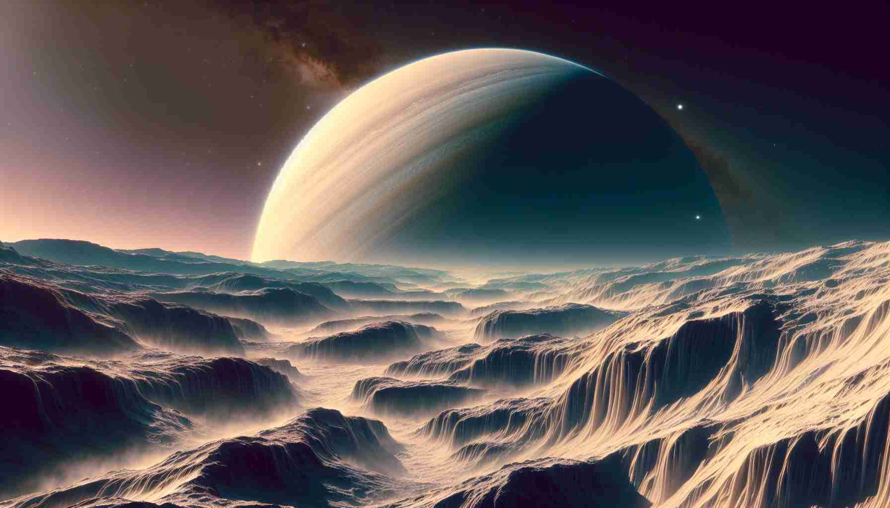 Generate a realistic, high-definition image that captures the unique and magnificent beauty of Titan, the largest moon of the planet Saturn. The image should depict rugged, icy landscapes mixed with flowing rivers of methane, thick atmospheric haze, and the majestic sight of Saturn visible in the sky.