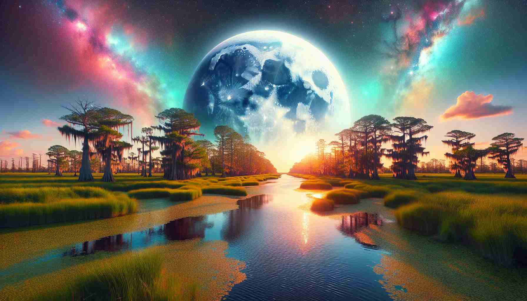 Generate a high-definition and realistic illustration of an enchanting lunar phenomenon occurring in the sky over a typical Louisiana landscape featuring marshlands, bayous, and cypress trees. The sky should be filled with radiant colors and the moon should appear remarkably bigger and brighter, casting a breathtakingly beautiful glow that reflects on the surface of the waters below.