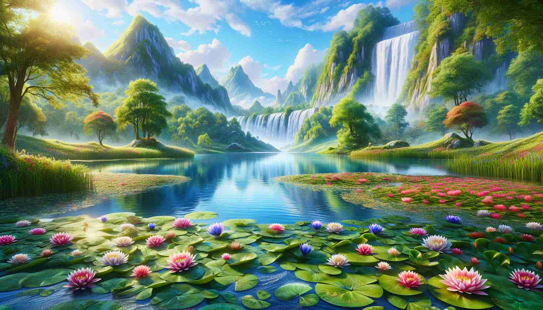 Generate a high-definition, realistic image of a scene dubbed as 'Water Wonderland'. This could include a tranquil lake reflecting the blue sky, with water lilies spreading their colorful petals on its surface. A cascading waterfall in the distance is gleaming in the sunlight, and the lush greenery surrounding the water features is teeming with a diverse array of flora and fauna. The air is filled with a sense of tranquility and freshness, painting a breathtaking picture of nature's bounty in water-based ecosystems.