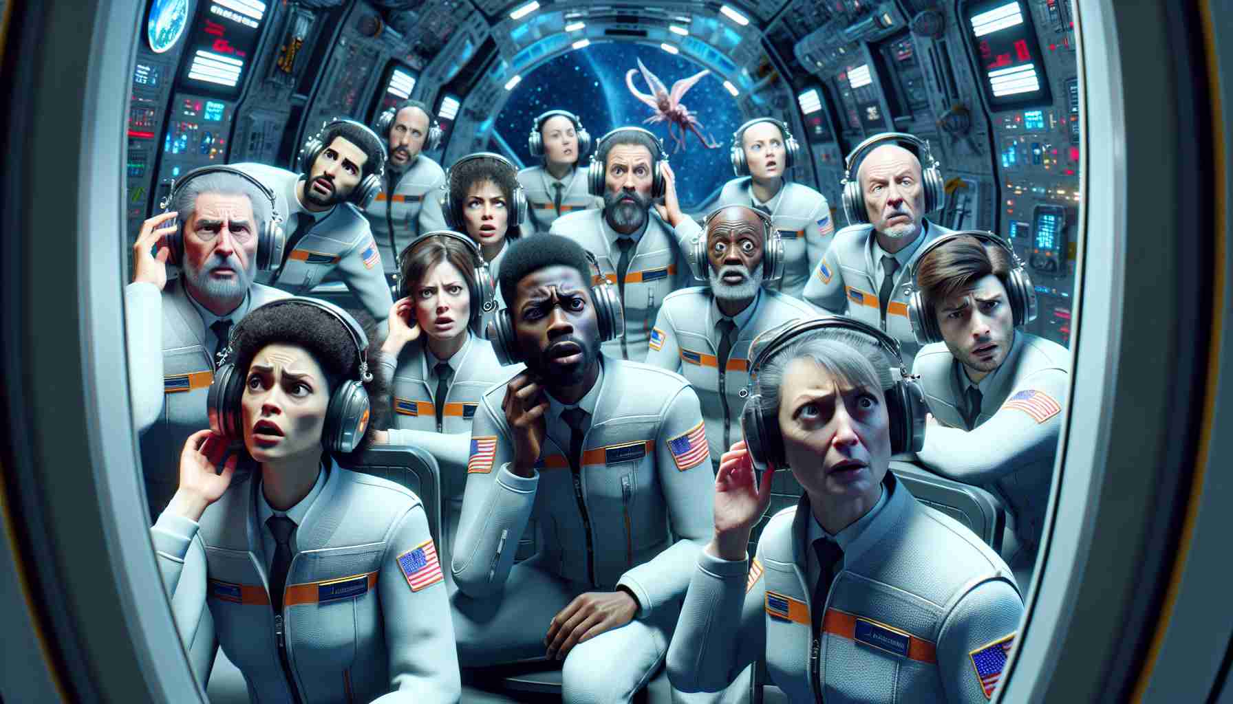 A high-definition, realistic picture detailing an enigma pertaining to unidentified auditory phenomena occurring aboard a space station. The crew, represented by a diverse group of individuals of different genders and descents such as Hispanic, African, Caucasian, Middle-Eastern, and South Asian, appears completely baffled, their faces reflecting expressions of confusion and intrigue. The space station environment is highly technical and cool-toned, adding to the surreal and mysterious atmosphere.