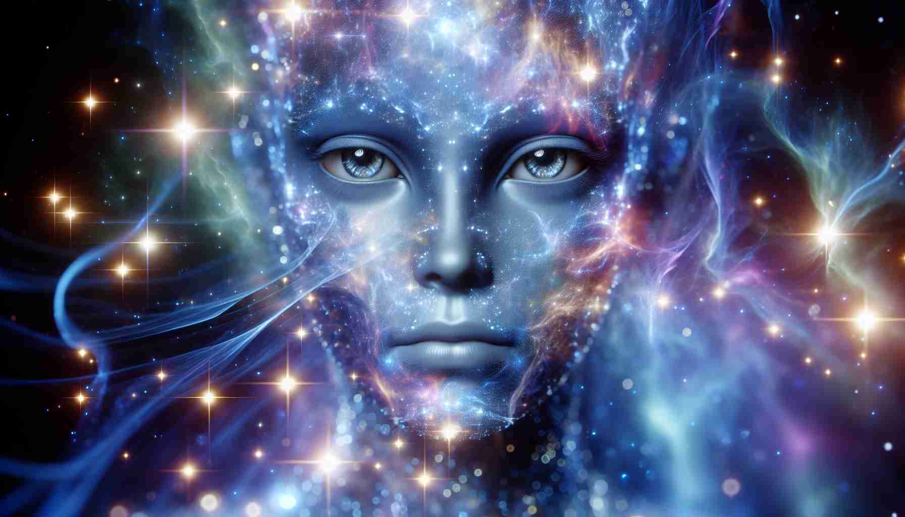 Generate a realistic HD image of an enigmatic visitor, known as The Celestial Wanderer. This character is of extraterrestrial origin, depicted with ethereal, star-like qualities that mirror the infinite universe, having reflectivity like sparkling celestial bodies and a complexion that emulates the beautiful mysteries of outer space.