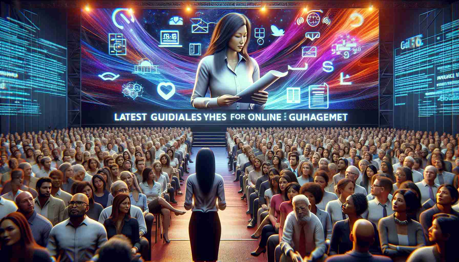 High definition and realistic depiction of a significant moment where the newest guidelines for online behavior are being presented. Imagine a crowded auditorium with people from around the world, the chatter subsiding as a South Asian woman in professional attire steps onto the stage. In her hands, she holds a rolled-up document symbolizing the new guidelines, and on the large backdrop behind her, a colorful, dynamic digital screen presents a graphic titled 'Latest Guidelines for Online Engagement'. The audience is mixed and diverse, eagerly waiting to get familiar with newly set standards. The tension in the room suggests the importance held by these guidelines in the increasingly digital world.