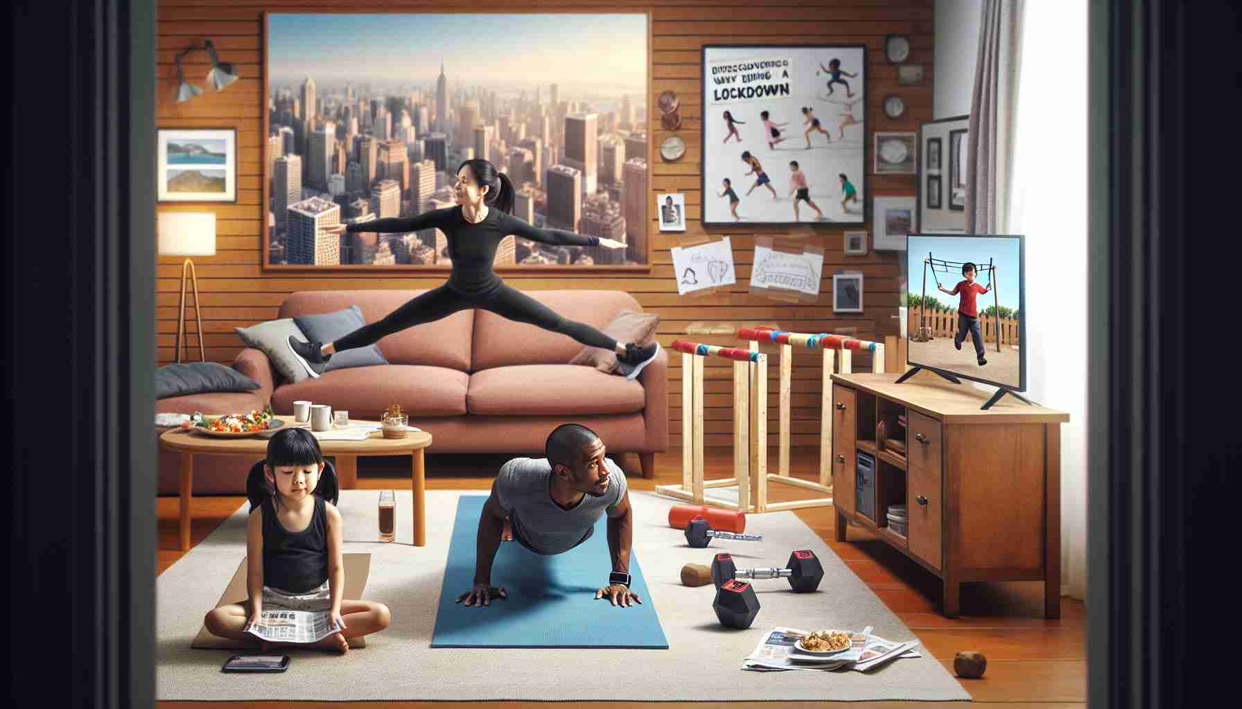 Visualize a realistic, high-definition photo that encapsulates the concept of discovering new ways to stay active during a lockdown. Imagine a living room turned into a makeshift gym with an Asian woman in her 30s doing yoga and a Black man of similar age doing push-ups. A homemade obstacle course for kids, created by a Middle-Eastern father, can be seen in the background for their daughter who is a preteen. The picture should capture the creativity, resilience and adaptability people showed during challenging times. Make sure to include exercise equipment creatively crafted from common household items.