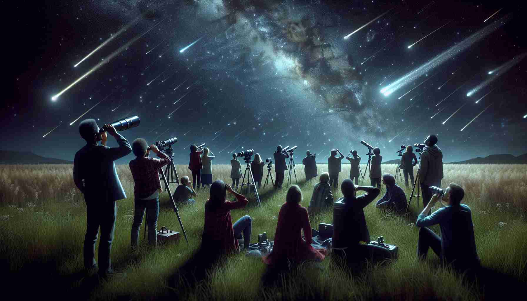 An HD realistic image of a group of stargazers eagerly anticipating a celestial event in the night sky. The scene unfolds in a grassy field, far from city lights. The stargazers range in age and race, with a mix of genders and from various descents, including Caucasian, Hispanic, Black, Middle-Eastern, and South Asian individuals. They are equipped with telescopes and binoculars, looking up towards the vast cosmos peppered with constellations and the glimmer of pending meteor shower.