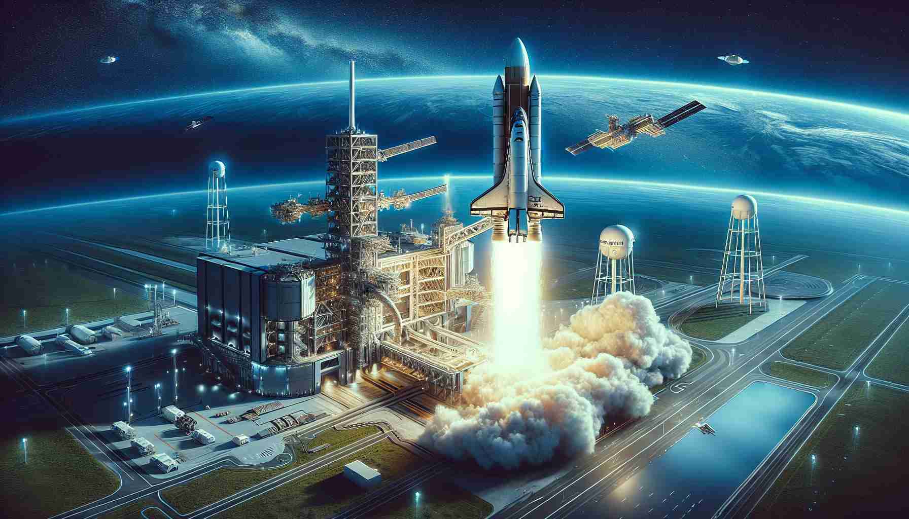 A highly dynamic and realistic imagery of a future space exploration scene. Picture the launch of a contemporary spaceship, designed with the most advanced technology, on its mission to a space station. Visualize the spaceship lifting off, trailing a dramatic plume of smoke against the cerulean sky. The year is 2025. In the backdrop, the earth appears partially as a breathtakingly beautiful curvature. The surrounding area is a dedicated spaceport, structured with high-tech equipment and facilities. Satellites and other modern space tools dot the vast sky.