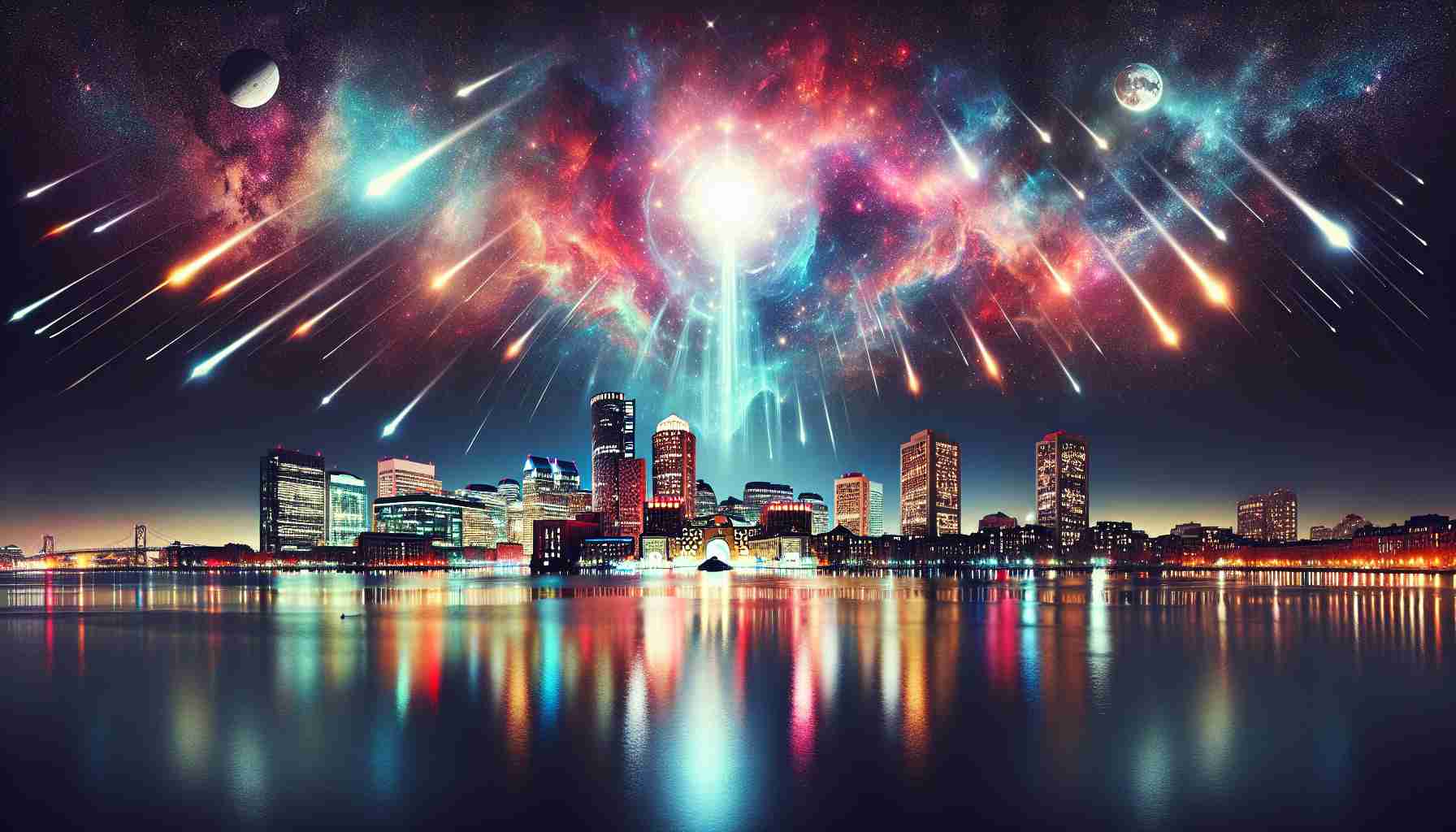 Generate a highly realistic, high-definition image of a unique celestial event occuring over the cityscape of Boston. This could include a rare alignment of planets, a colorful supernova illuminating the night sky, or a vibrant rain of meteor showers. The city skyline should be clearly visible, bathed in the ethereal glow of the astronomical phenomenon. Boston's iconic landmarks including the Charles River, John Hancock Tower and the Massachusetts State House should be identifiable.