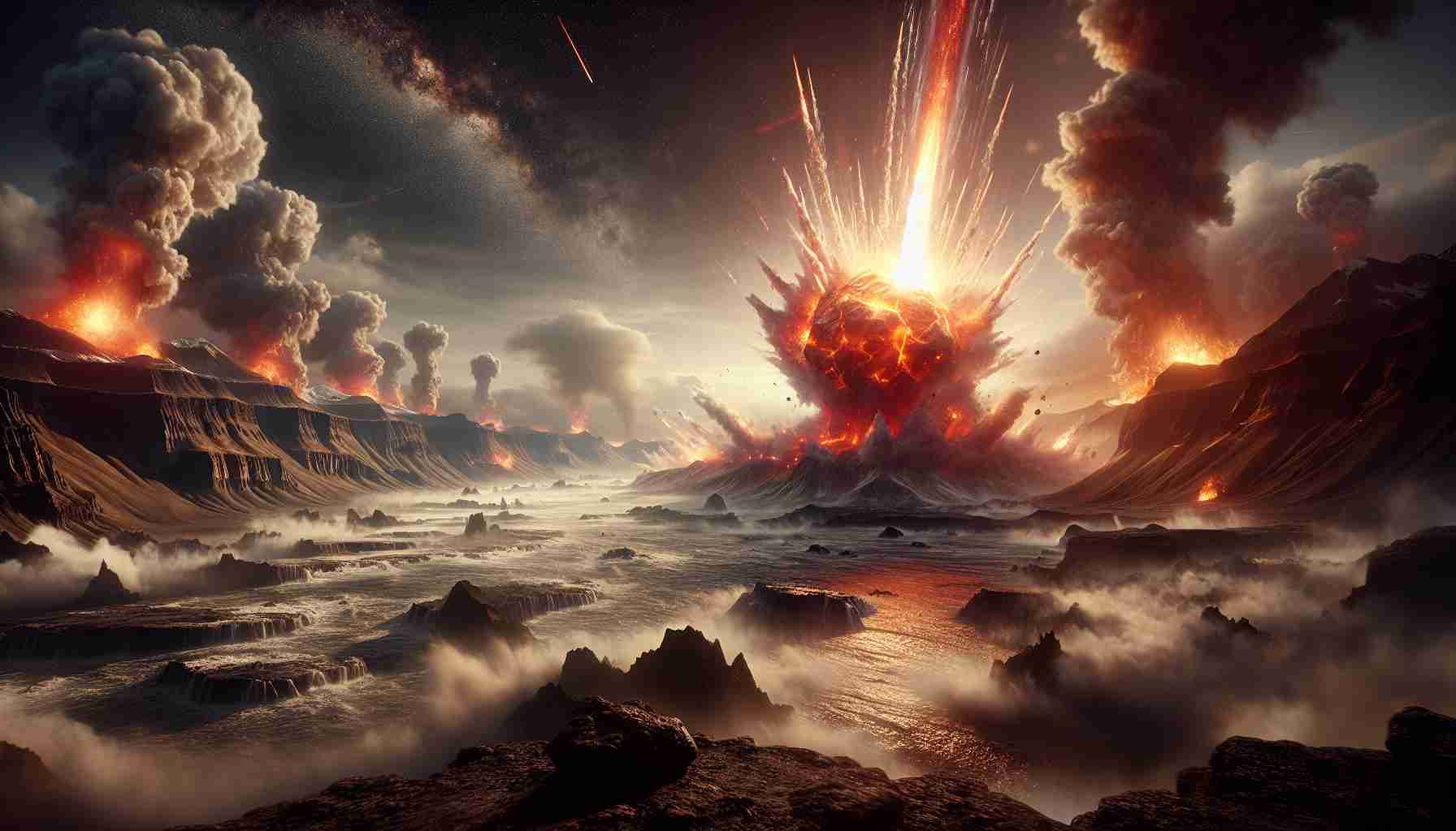 High-definition, realistic visualization of a cosmic visitor, such as a meteor or asteroid, dramatically impacting the landscape of the early Earth. Capture the cataclysmic event with fiery explosions and billowing dust clouds. The backdrop should portray a primitive wilderness with tumultuous oceans, towering volcanic mountains emitting smoky plumes, and the sky filled with swirling gases. This tumultuous scene should represent a powerful moment in Earth's early history. Please make sure this image is inspired by a scientific understanding of the Earth's geologic past.