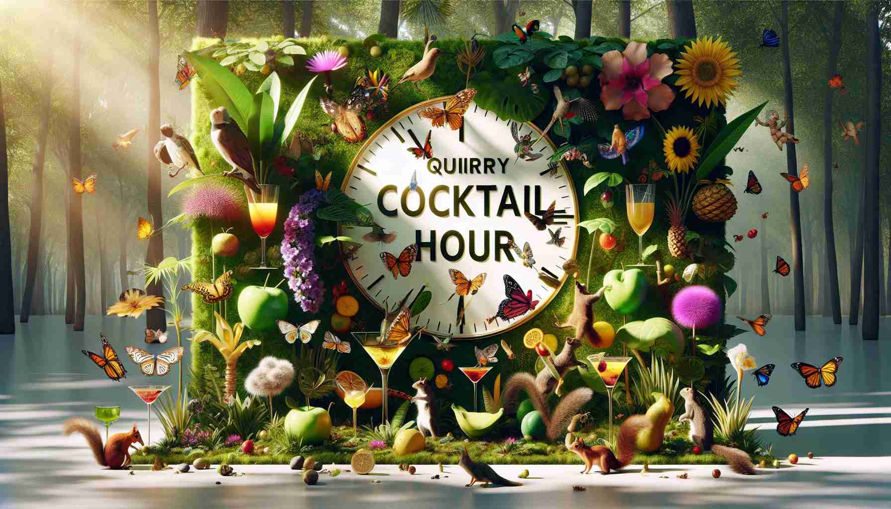 A high-definition, realistic image showcasing the quirky cocktail hour of nature. The display should feature an array of exotic plants, flowers in full bloom, and atypical fruits. Creatures from different species, such as brilliantly colored butterflies, hummingbirds, and squirrels may be seen participating in nature's party, hopping from one plant to another. Sunlight filters through dense leaf canopies, casting dappled light on the scene. The atmosphere of the hour should carry a sense of fun and intrigue, embodying the unexpected and unusual elements of nature.