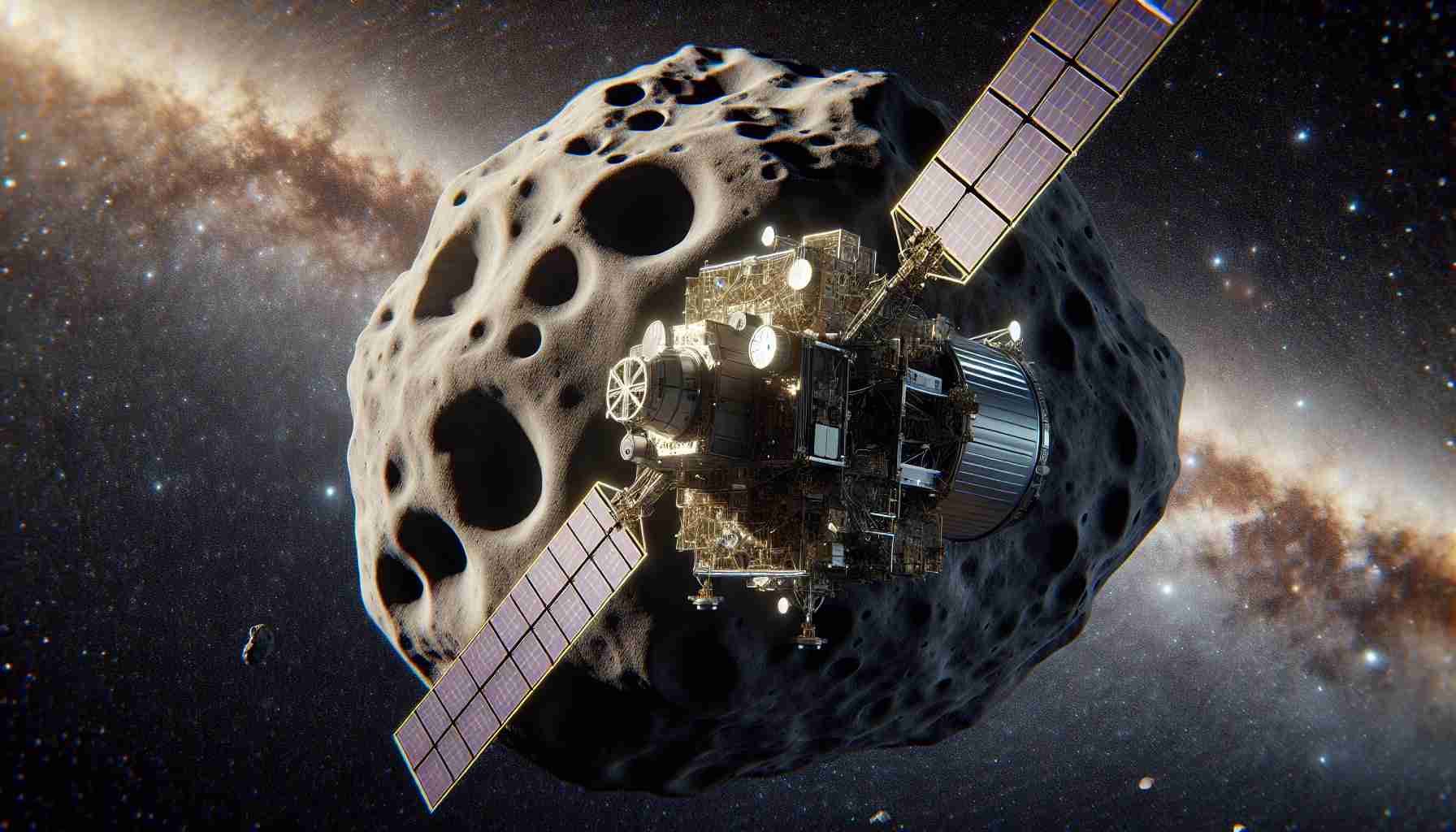 High definition, photorealistic visualization of the Space Mission Hera, which is designed to embark on a journey towards an asteroid. The spacecraft should be shown ready to execute its mission, investigating the aftermath of a simulated collision on the asteroid's surface. The setting should be deep space, with distant stars and galaxies visible in the background. The spacecraft is technologically advanced, bristling with scientific instruments for gathering data. The asteroid should appear rugged and pockmarked, bearing the notable scar of a recent radar-simulated collision.