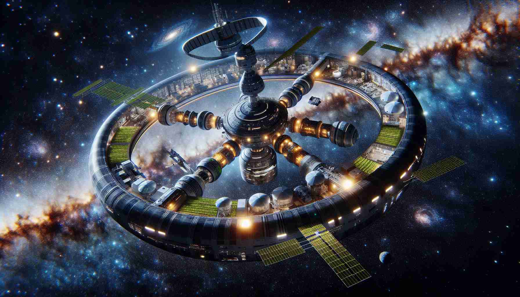 A hyper-realistic, high-definition depiction of future space habitats. Evolving from the designs of the International Space Station, envision a plethora of innovative solutions. There might be a large-scale, toroidal shape for creating artificial gravity; stations with multiple biomes for growing crops or simulating Earth-like environments; advanced solar panels for harnessing the sun's energy; and even docking stations for incoming spacecraft. The habitat would be filled with vibrant lights indicative of various activities occurring within. The backdrop is filled with the beauty of distant stars, nebulae, and swirling galaxies, providing a majestic context for human ambition.