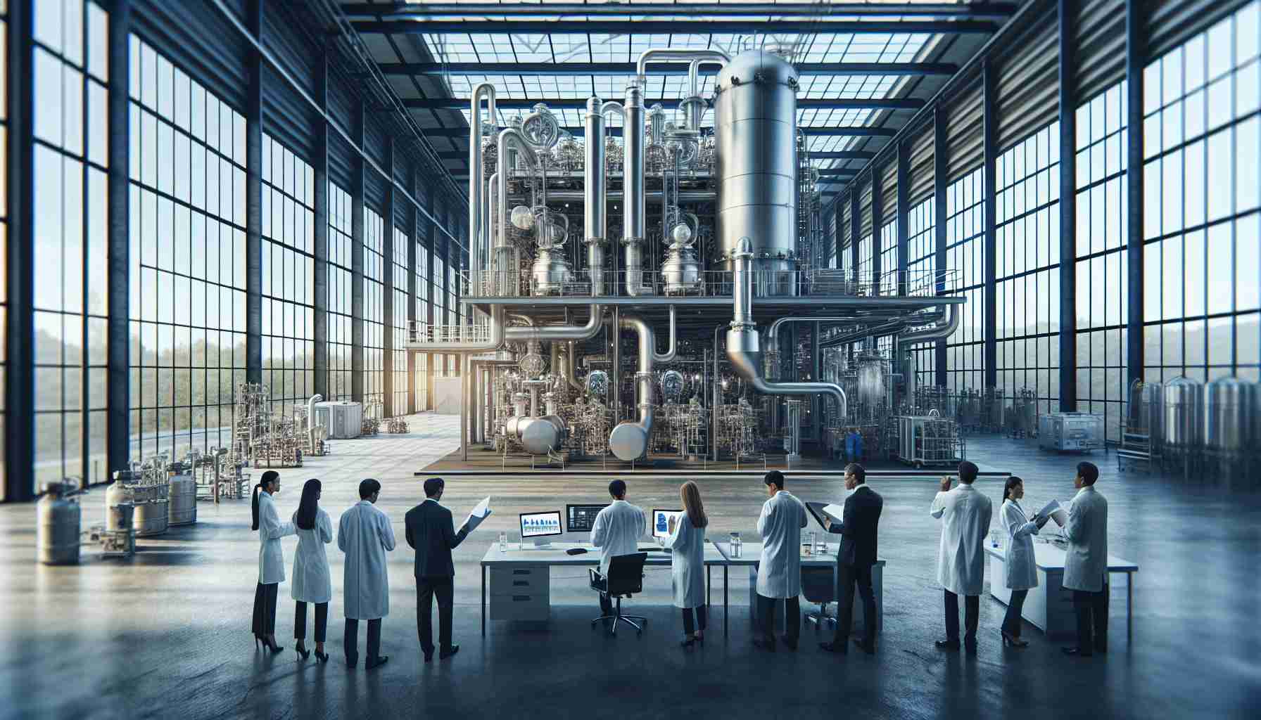 Generate a realistic high-definition image showcasing new advancements in carbon capture technology. The image should include a modern and sophisticated facility with a variety of intricate machinery designed for the purpose of capturing and storing carbon dioxide. In the foreground, can be a group of scientists, with an equal mix of men and women of South Asian, Hispanic, Caucasian, Black and Middle-Eastern descent, analyzing data and discussing their findings. It is important to capture the essence of innovation, environmental concern, and collaborative scientific research.