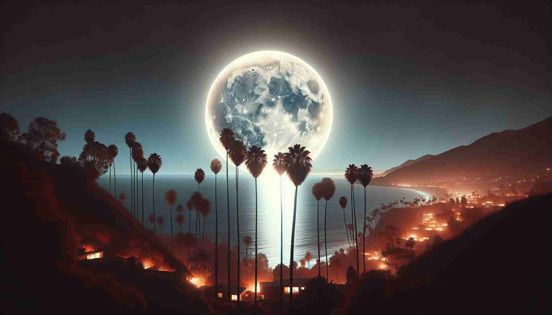 Generate a high-definition, realistic image portraying the phenomenon of the October Supermoon. The scene should capture the moon's exceptional brightness and size as it lights up the night skies of Southern California. Possible elements could include the silhouettes of palm trees, the ocean reflecting the moonlight, and maybe distant lights of households nestled in the rolling hills.