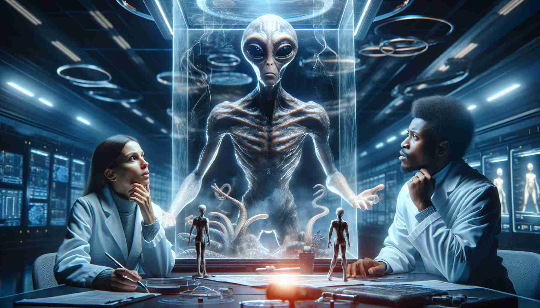 Generate an extremely high-definition, authentic-looking image depicting a scene of a groundbreaking scientific discovery. The main focus of the scene will be an unspecified extraterrestrial life form, newly discovered. The life form should look entirely unique, breaking the stereotypes of common alien depictions. Include anticipation, amazement, and intrigue in the scene, with the background hinting towards the location being a sophisticated science laboratory. There should be two scientists examining the find, a Hispanic woman and an African man, engrossed in their observations and analysis.