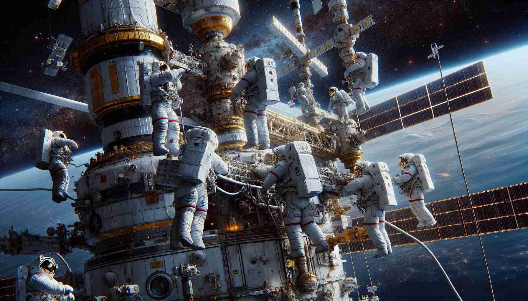 A high-definition, realistic image capturing the momentous event of astronauts conducting a historic relocation of a space station. The astronauts, representing diverse descents such as Caucasian, Hispanic, Middle-Eastern, and South Asian, should be seen in their bulky space suits, secured with tethers to the massive station. They are engaged in intricate tasks on the exterior of the spaceship, against the breathtaking backdrop of stars and the boundless expanse of space. The image exemplifies teamwork in a challenging environment amidst the transcendence of frontiers. Fine details of the suits, the spacecraft, and the surrounding cosmic scenery should be emphasized.