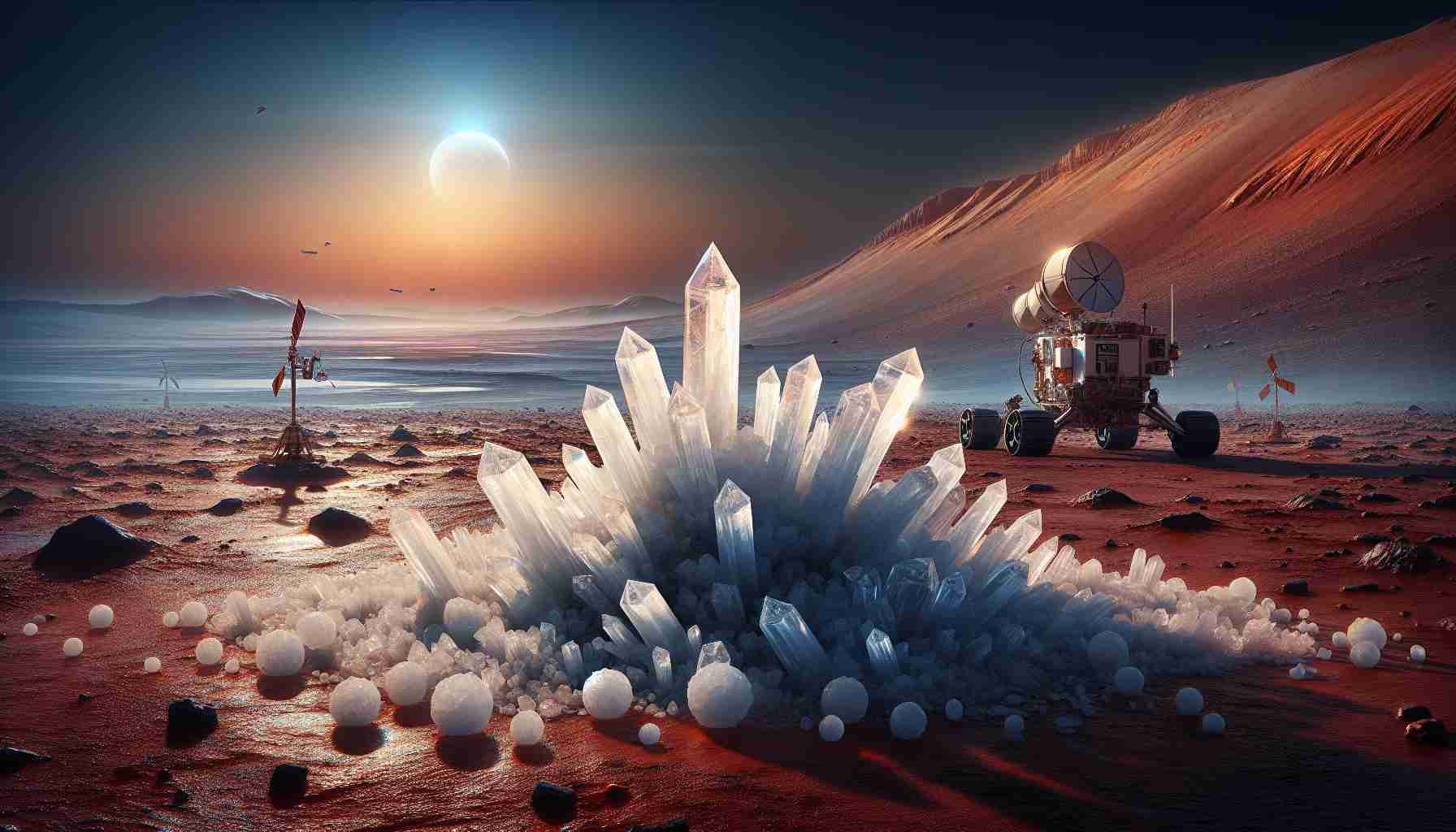 Create a realistic HD image that shows the concept of 'Rethinking the Search for Life on Mars'. This should include symbolic representation of various factors, such as the presence of water, the harsh Martian environment, and the role of salts in potentially supporting life. The picture should emphasize on salts, showing crystal-like formations on the Martian surface, which could imply possible existence of life. There should be scientific instruments or rovers exploring nearby. Also include the desolate yet mesmerizing Martian landscape with its reddish soil and blue-hued sunset.