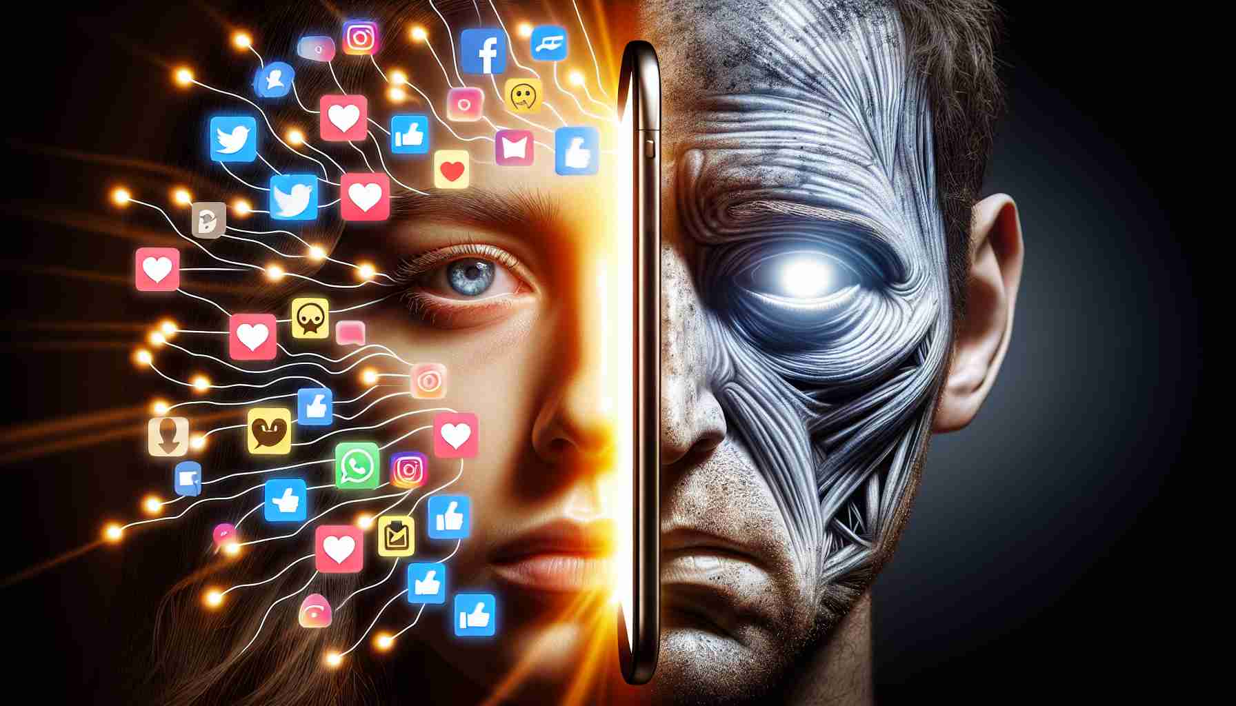 An attentive conceptual representation of the impacts of social media on mental well-being. The image shows an illuminated smartphone screen displaying a multitude of social media icons at the left side, giving off a bright, harsh light. The right side depicts a human face that is half Caucasian female and half Hispanic male. It shows both expressive features reacting differently, with one side showing strain and stress, as if receiving the harsh light, and the other side being contrastingly serene, unexposed to the lights, indicating different potential reactions.