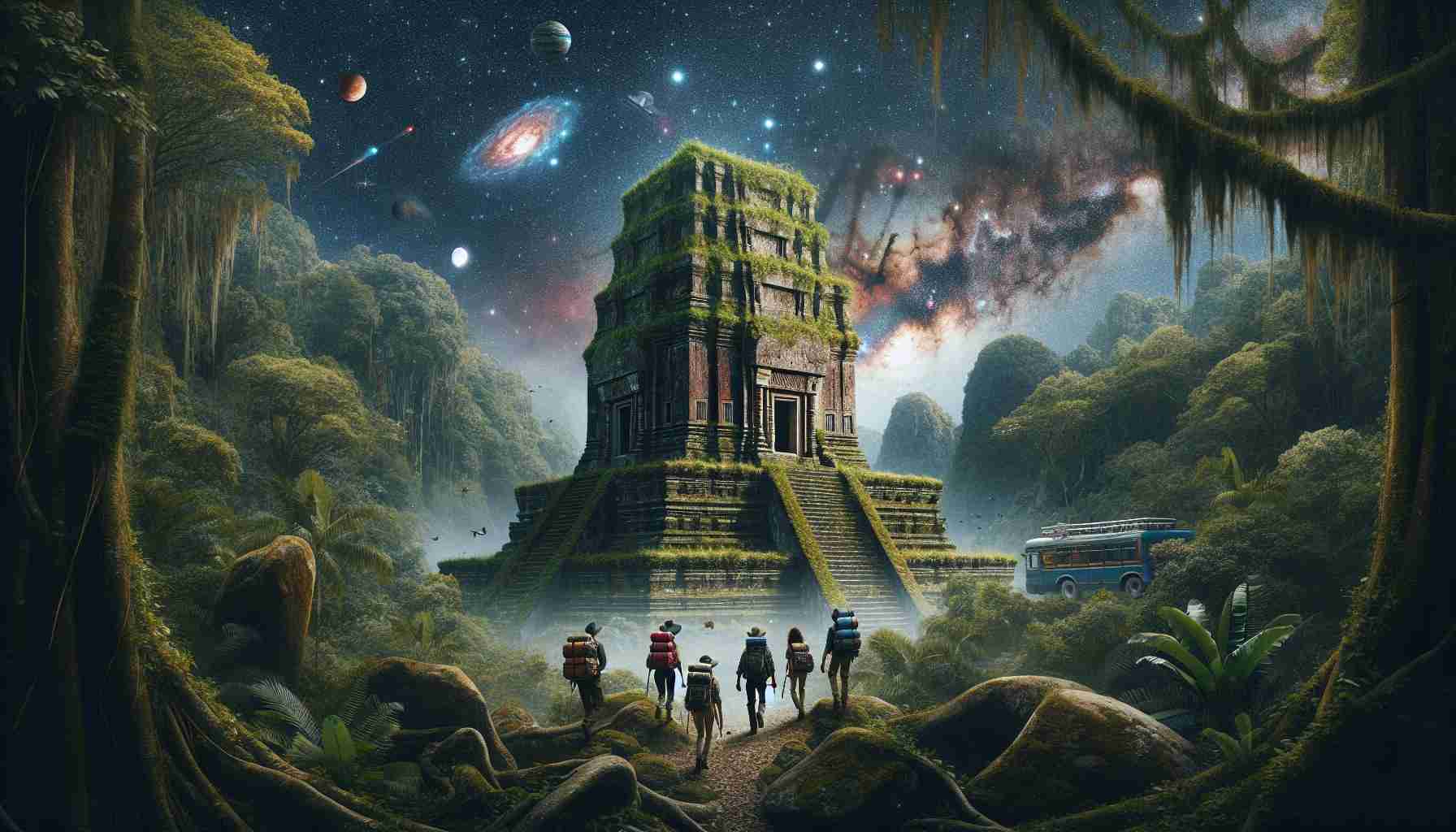 An ultra high-definition representation of the theme of exploration, capturing the essence of unveiling mysteries of the past and beyond. Center the image around an imposing, ancient temple in a dense jungle, half-covered in creeping vines and moss, standing as a testament to its years withheld from human sight. A group of explorers, comprising of a Caucasian woman, a Hispanic man, a Middle Eastern woman, and a Black man, are making their way towards it with backpacks filled with archaeological tools. Above this terrestrial scene, evoke the vastness of space, studded with stars, distant galaxies, and celestial bodies like planets and comets, symbolizing the infinite mysteries of the universe waiting to be discovered.