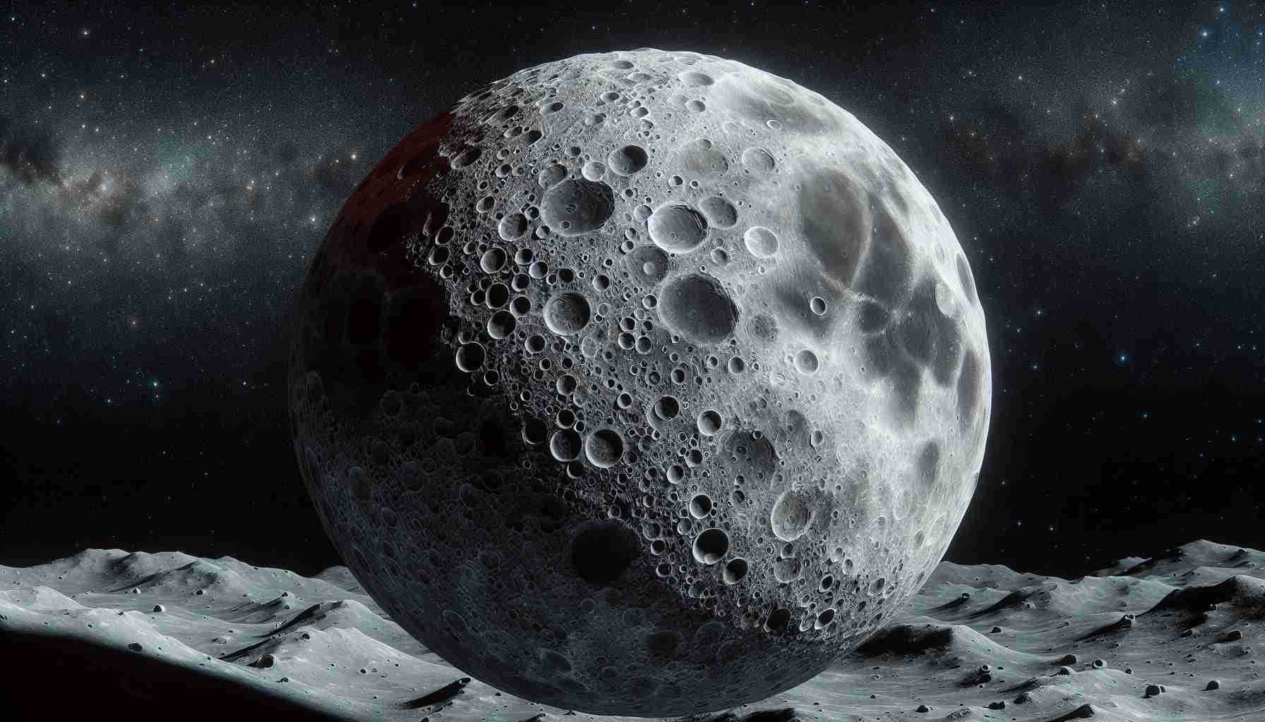 Generate a highly detailed, realistic image of a recently discovered mini-moon. This celestial body is seen as a potential piece came from the lunar surface, with similar rugged texture and colors indicating its lunar origin. Space around it should be depicted with an endless, star-speckled background.