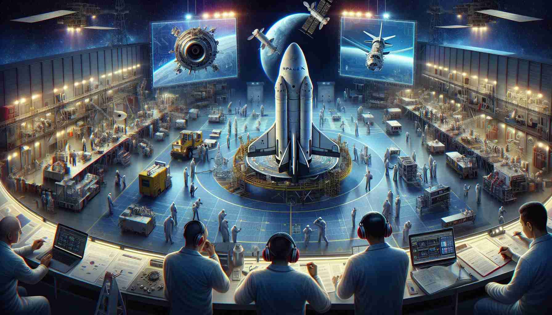 A high-definition, realistic illustration depicting a scenario at SpaceX where the focus is on prioritizing the safety of the crew amid recent incidents. The image showcases safety professionals emphasizing various safety measures and procedures, with a backdrop of spacecraft under maintenance. The scene also includes engineers and staff meticulously inspecting the spacecraft, and conducting rigorous testing to ensure everything runs safely and smoothly.