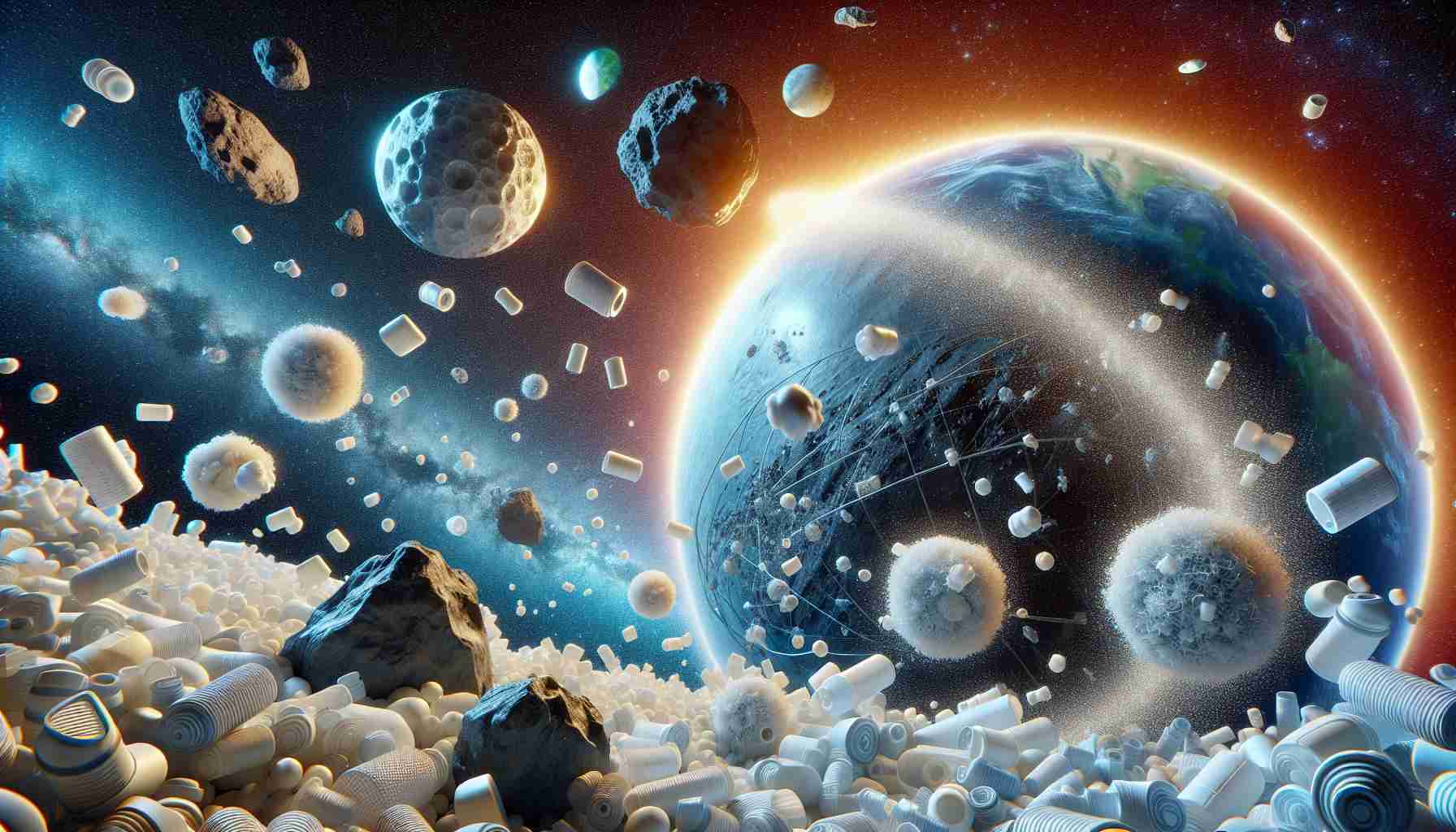 Generate a high-definition, realistic image depicting the fascinating journey of microplastics beyond Earth. The journey should highlight these minuscule bits of plastic as they escape from Earth's environment and venture into the vastness of outer space. It can include their interactions with different celestial bodies such as asteroids, moons, and planets. The image should have a strong emphasis on the microplastics' scale compared to these enormous celestial structures.