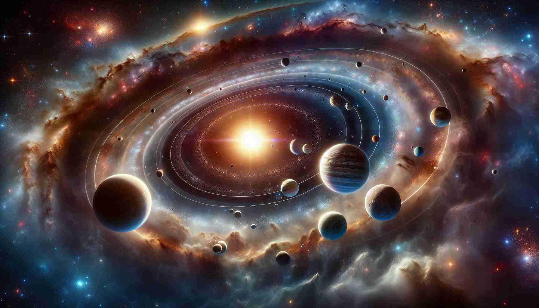 Create a hyper-realistic, high-definition image depicting the discovery of a young planetary system in a far-off galaxy. The main scene should capture various celestial bodies in different stages of formation, orbiting around a central star. Enveloping them should be a disc of gas and dust, a remnant of the planetary formation. Beyond this dynamic system, countless stars and nebulae of the distant galaxy should provide a mesmerizing backdrop, showcasing the grandeur and infinite vastness of the universe.