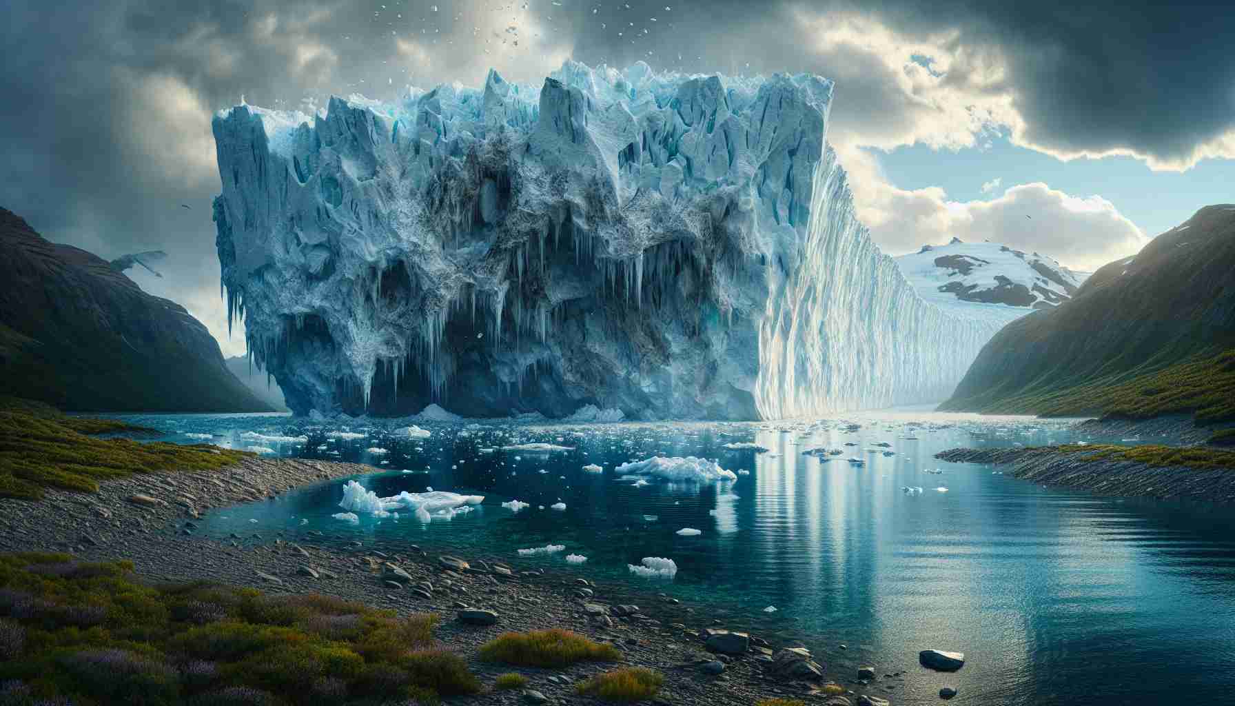 A detailed and realistic image illustrating the disastrous consequences of climate change, showing an enormous glacier gradually melting into the sea. The scene overtly suggests the impending threat this holds for coastal regions all over the world. Massive chunks of ice are detached and falling into the ocean, causing it to slowly rise. The water is crystal clear, reflecting the dramatic icy landscape. Sparse vegetation can be seen on the shoreline, and the sky, filled with storm clouds, is a foreboding sign of the drastic environmental changes that are happening.