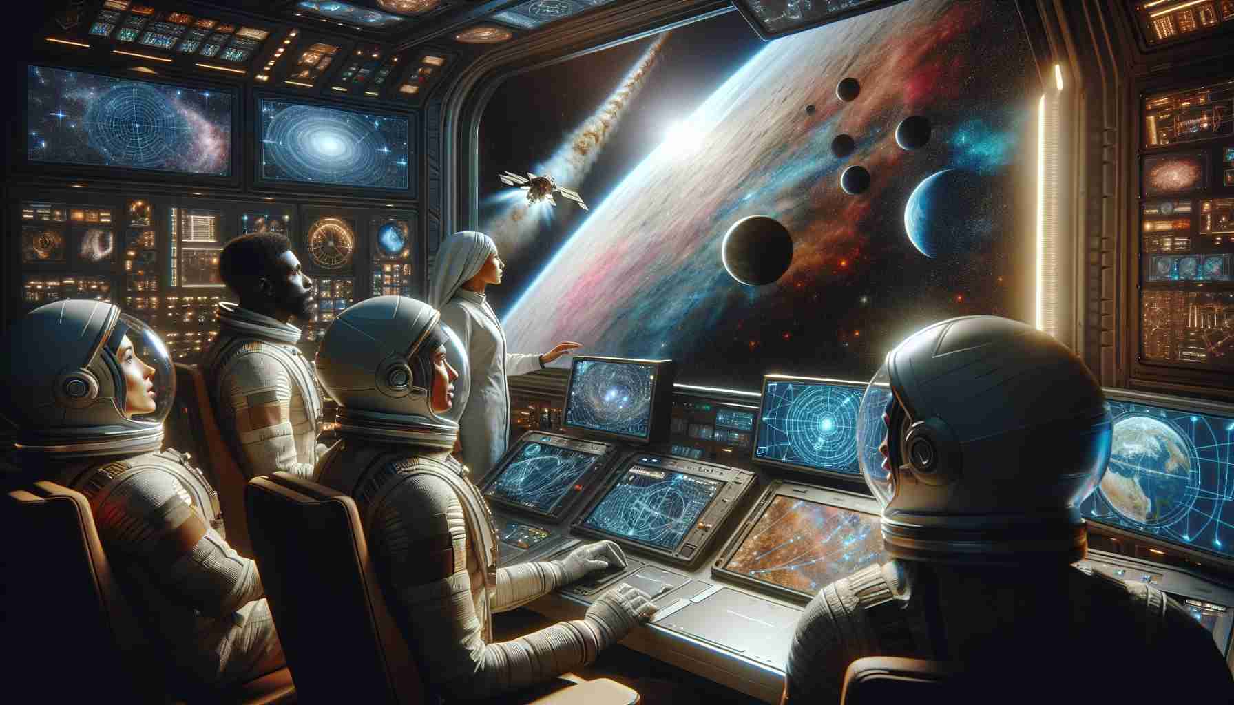 Create a highly detailed and realistic image of a space expedition surpassing its original plans. Show a spaceship venturing deeper into the cosmos than expected originally, possibly nearing an unknown planet or galaxy. Display scientists' astonishment and elation about the unexpected journey. The cabin could be depicted with advanced technology and astronomical maps. The astronauts all helmeted, consisting of a variety of genders and descents including Middle-Eastern female astronaut and Black male astronaut, monitoring the unexpected progression and controlling the spacecraft.