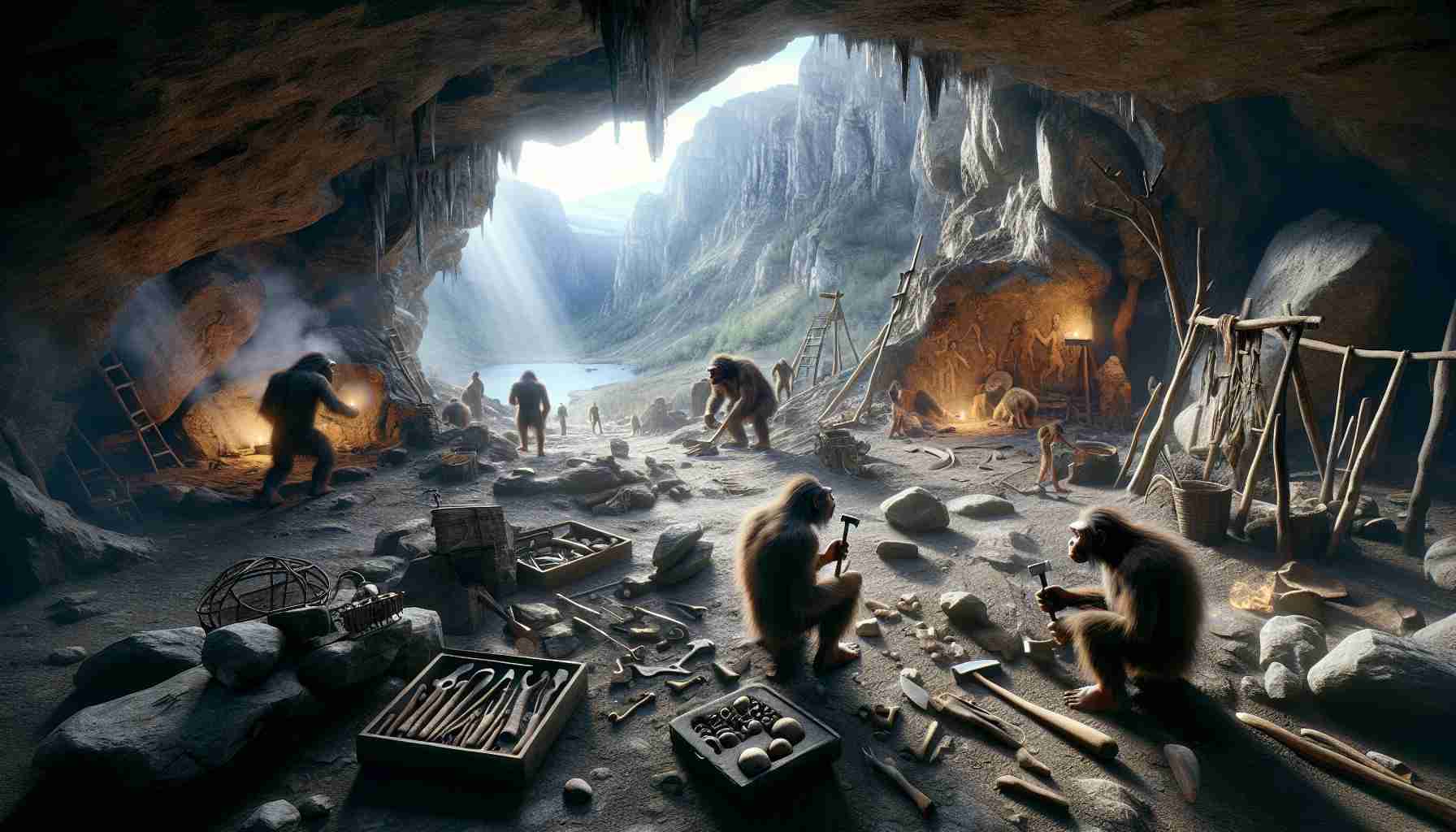 A high-definition, realistic image of a scene showcasing the remarkable ingenuity of Neanderthals through new archaeological findings. This should include a variety of newly discovered artifacts made by Neanderthals. The scene should depict a moment of discovery, with an archaeological dig site filled with various tools, cave paintings, and other signs of early human innovation.