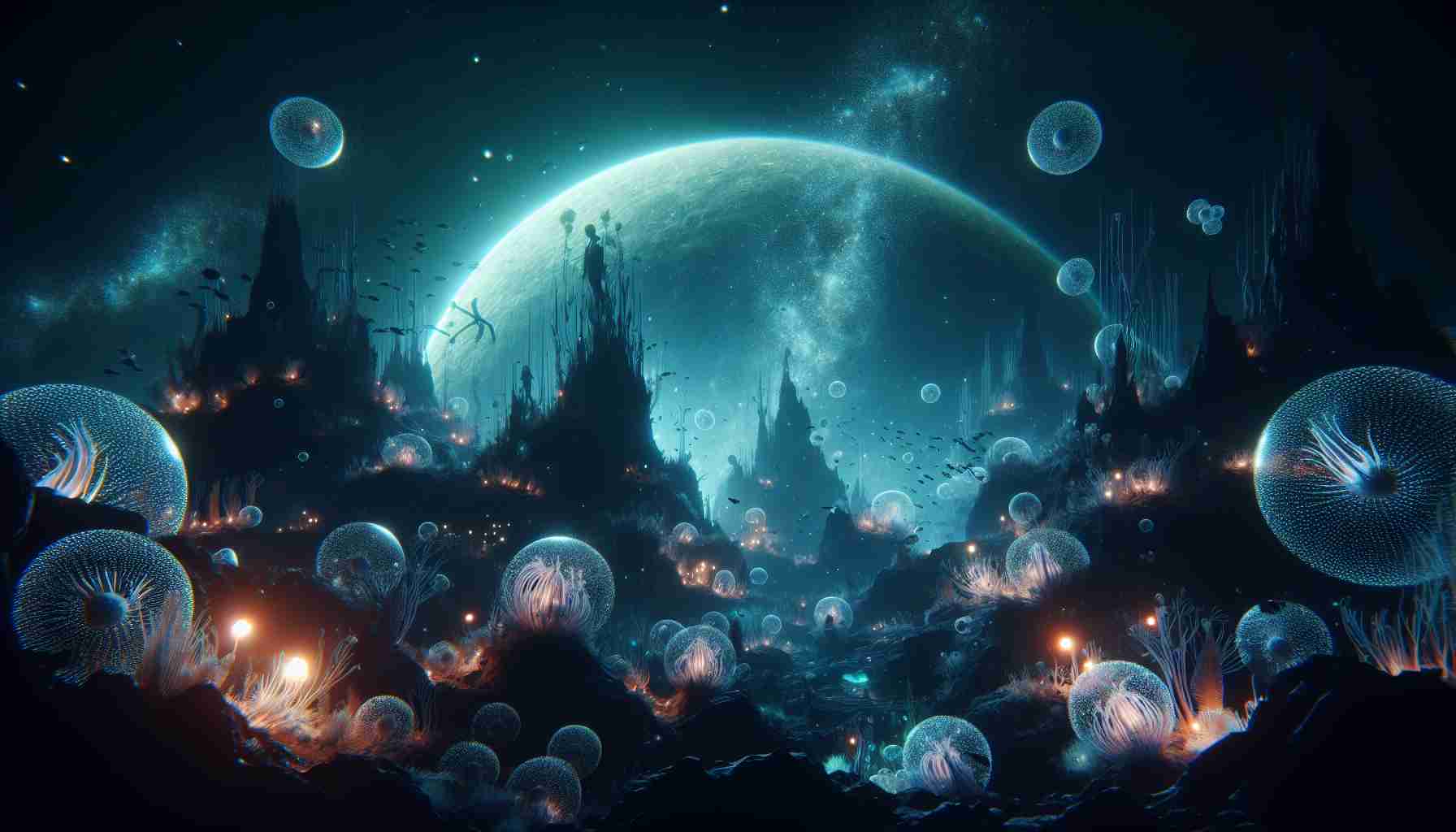 Generate a High-definition realistic image showcasing the mysteries of the deep sea on a fictional extraterrestrial planet named Eurythm. Visualize this underwater world full of unknown marine lifeforms, glowing bioluminescent creatures dwelling in the deep darkness, and unusual underwater geological features. Display the sense of adventure and discovery involved in exploring these alien marine environments.