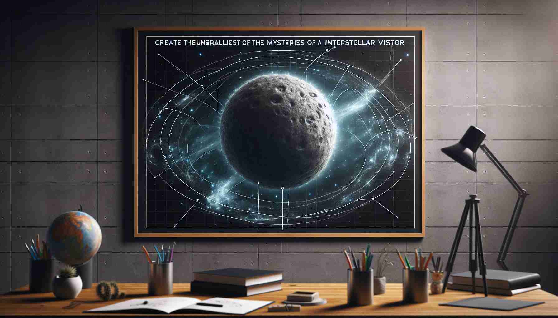 Create a realistic, high-definition image that visualizes the unraveling of the mysteries of an interstellar visitor. This could include a distant celestial body passing through our solar system, with lines and markers around it as though astronomers and scientists are studying it in detail.