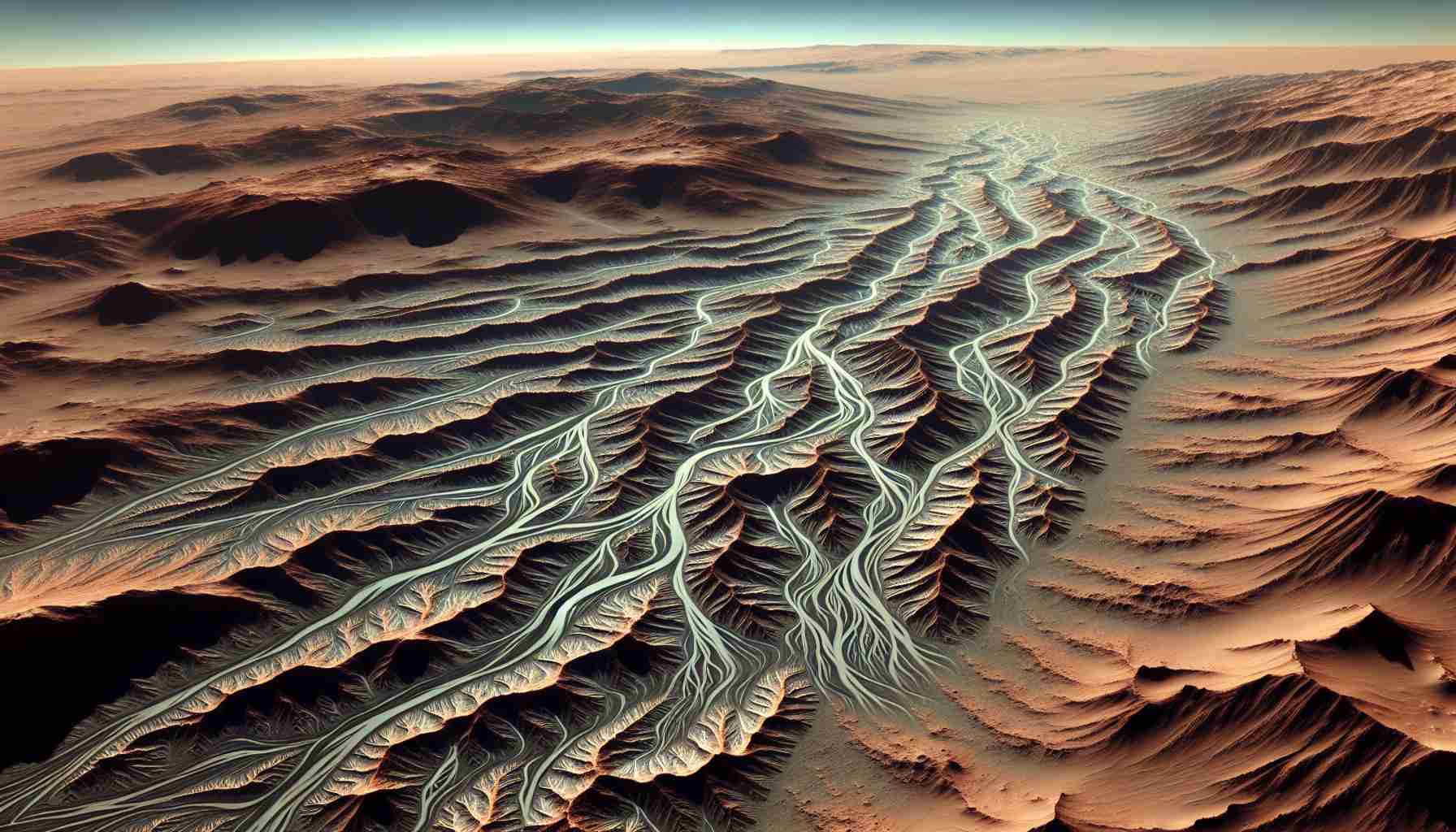 Generate a HD realistic image showcasing the exploration of Martian hydrological mysteries using the concept of eskers. Picture an intricate network of winding eskers, which are long, winding ridges of sediment deposited by melting glacier ice, crisscrossing the rugged Martian landscape. Capture the alienness of the barren terracotta landscape along with the contrast of Esker's physical features. These geological markers may hold clues about the planet's ancient water activity.