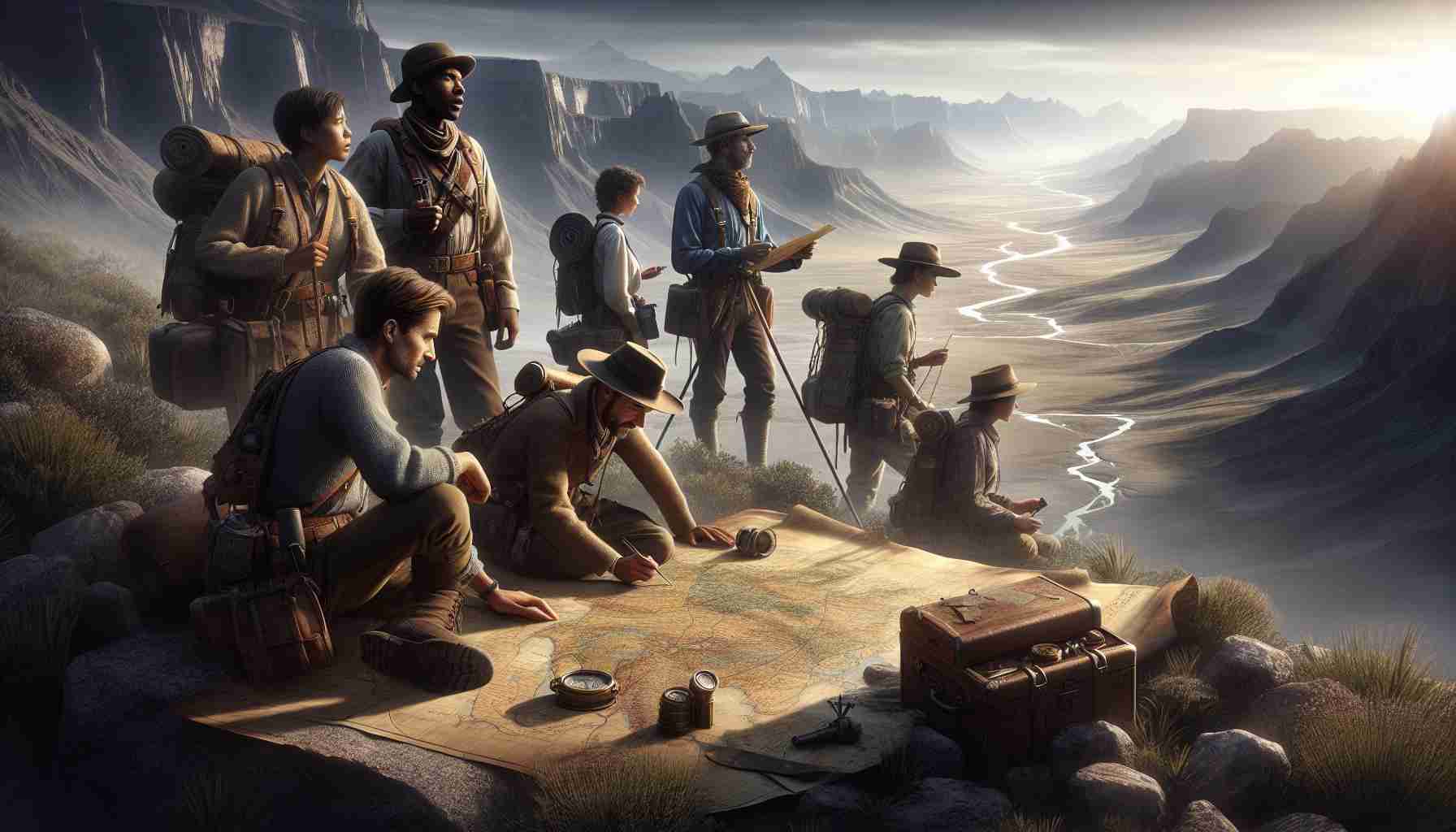 A highly detailed, realistic image of explorers charting uncharted territories. The scene captures the raw beauty and vastness of the unexplored frontier. The explorers, a mix of men and women from diverse racial backgrounds including Black, White, Asian, and Hispanic, are shown with their equipment, such as maps, navigational tools and hiking packs. They are on the cusp of new discoveries, looking beyond the horizon, their faces illuminated with pure curiosity and excitement. Their journey symbolizes the spirit of human discovery and adventure. The landscape stretches out in all directions, filled with mysteries waiting to be uncovered.