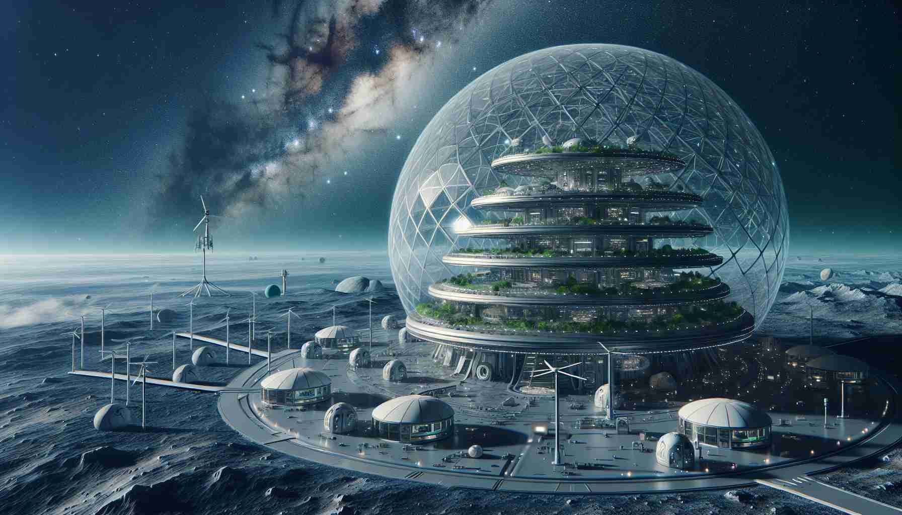 Generate a photo-realistic HD image of a futuristic space architecture concept, grounded in sustainability. This architectural design should be off-earth, representing a colony designed for humans to live in. It should demonstrate principles of ecological design, using recycled materials and renewable energy sources. The architecture may utilize technologies such as bio-domes, renewable energy sources like solar panels or wind turbines, and include features like vertical gardens. The backdrop includes the endless cosmos, with distant stars and galaxies.